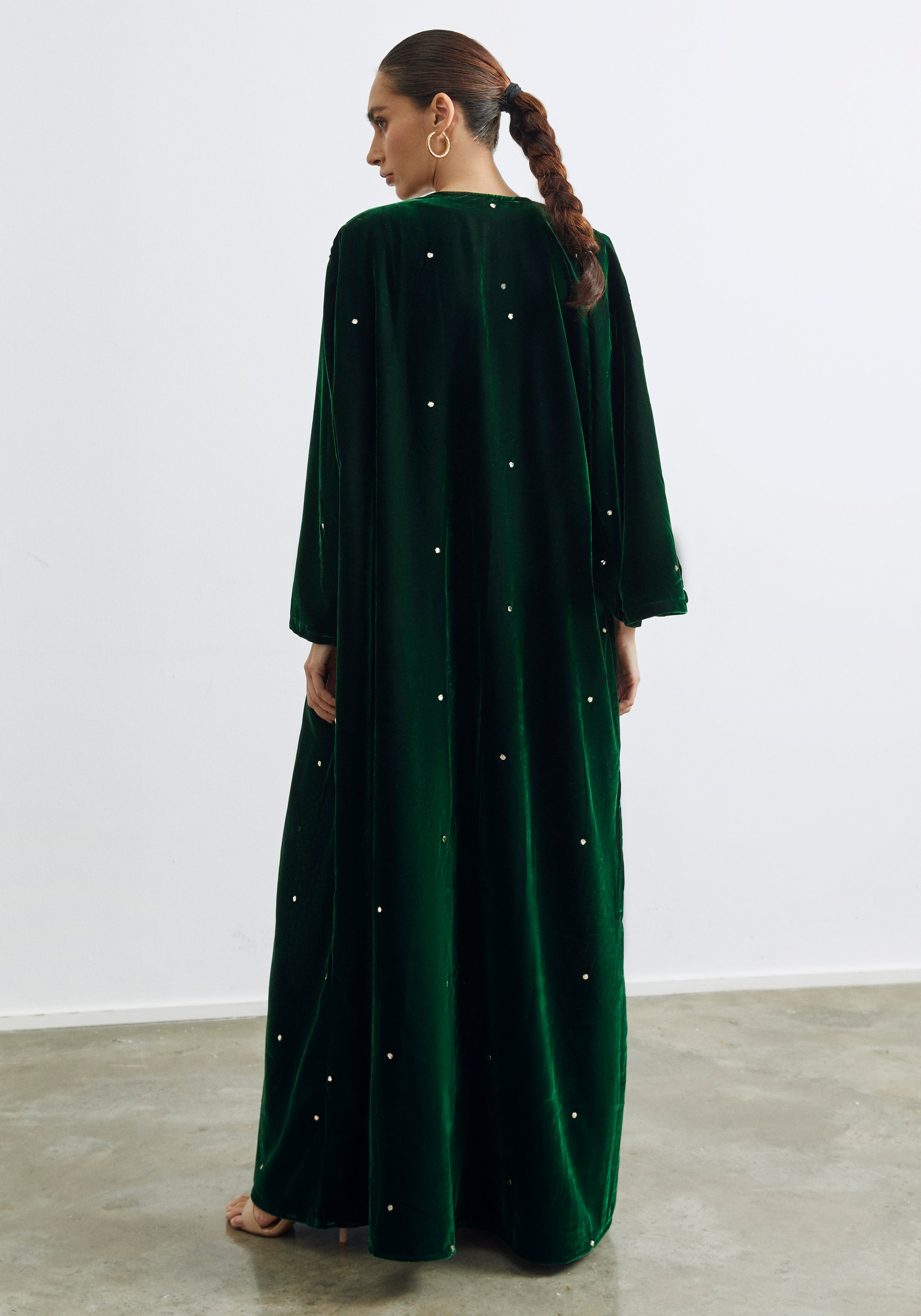 Velvet Green Abaya & Shayla in Dots Style