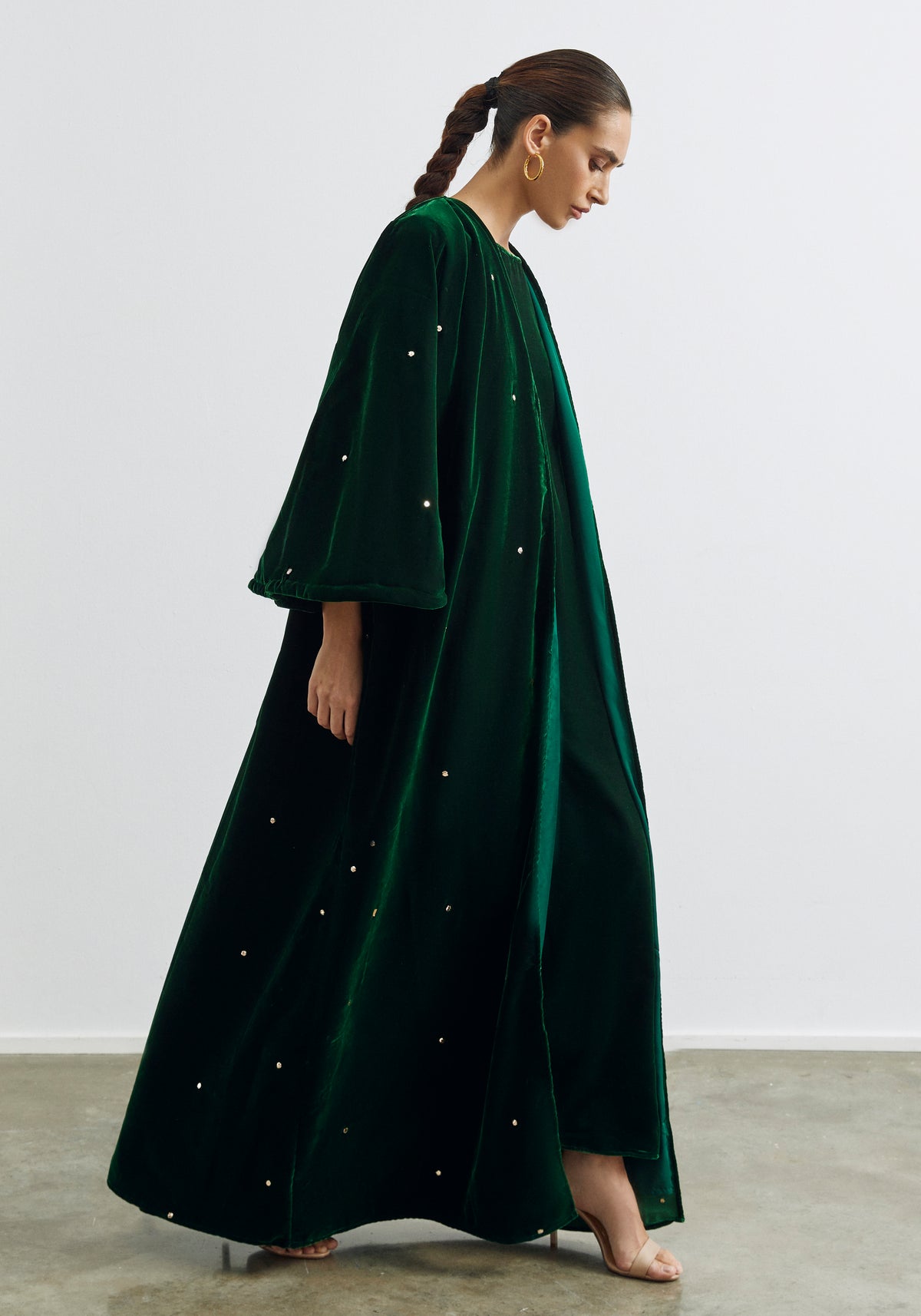 Velvet Green Abaya & Shayla in Dots Style