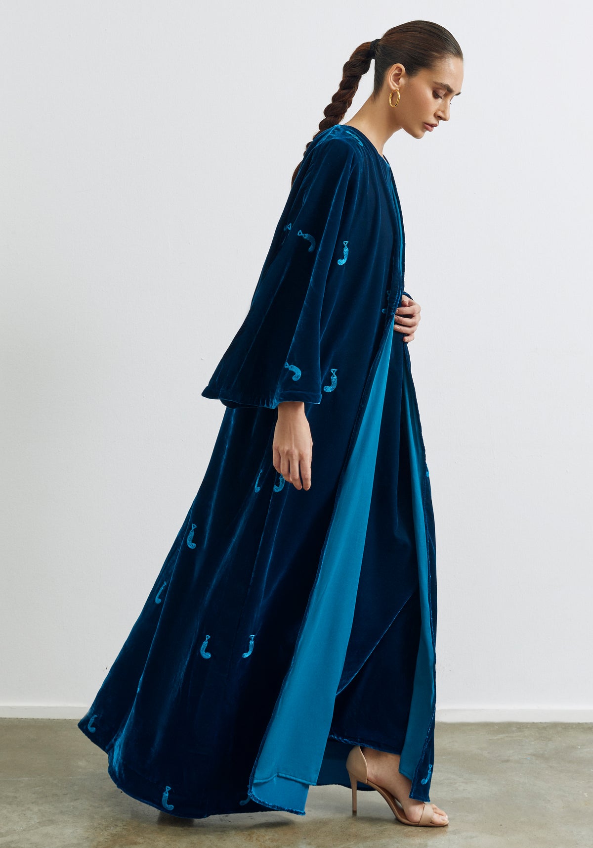 Velvet teal Abaya & Shayla in khanjar Style