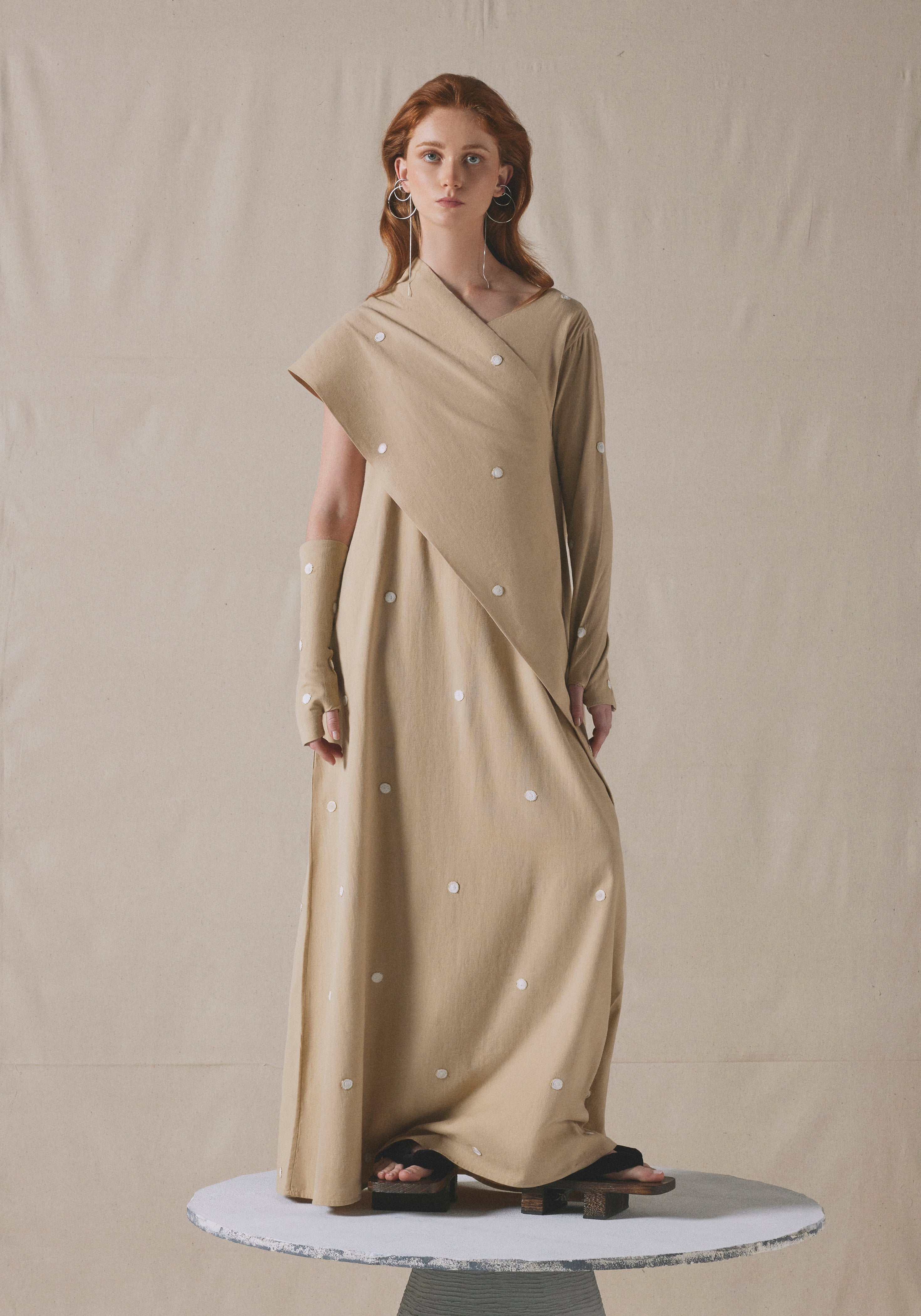 Beige Asymmetrically Draped Kaftan