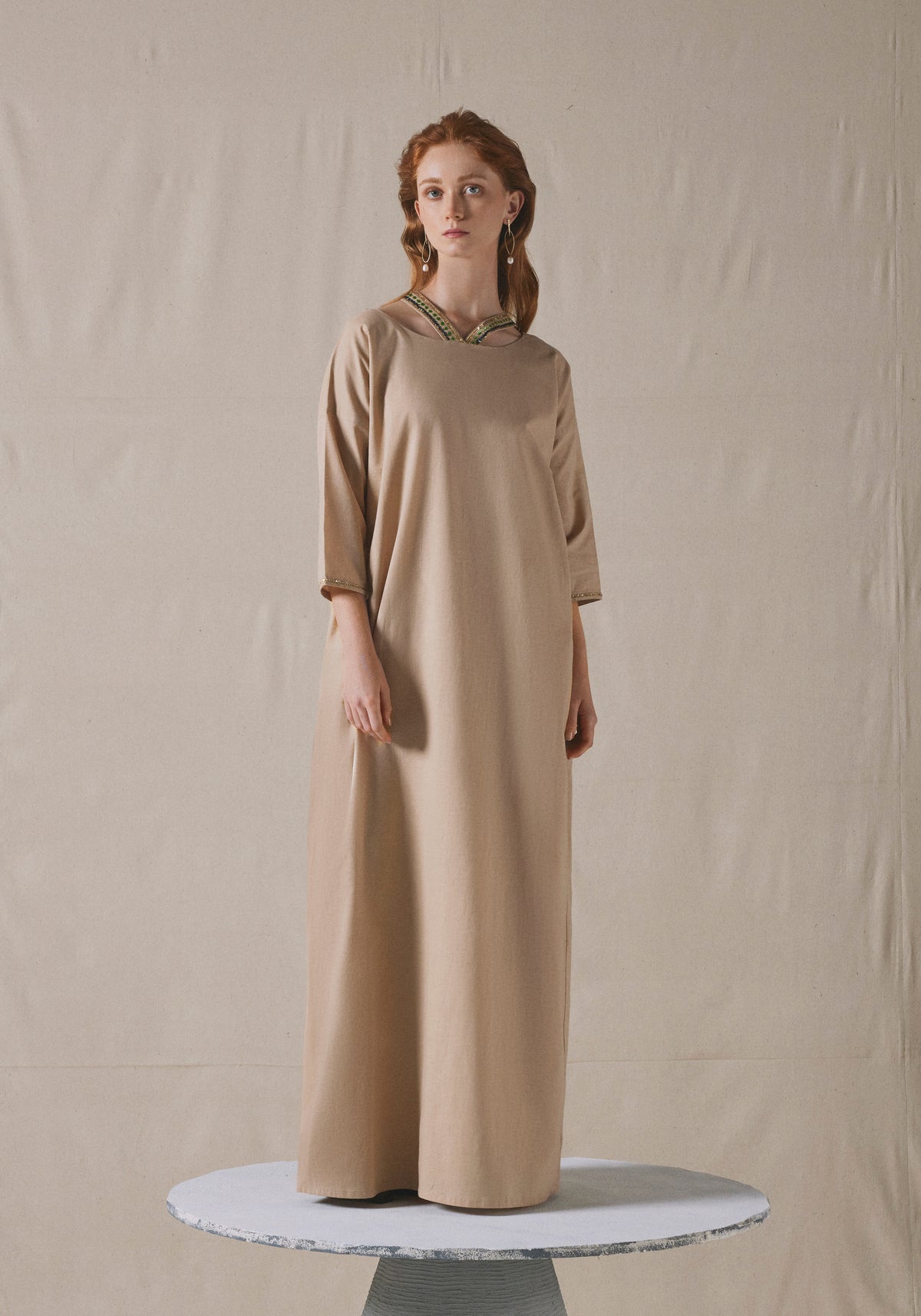 Beige Embroidered Kaftan