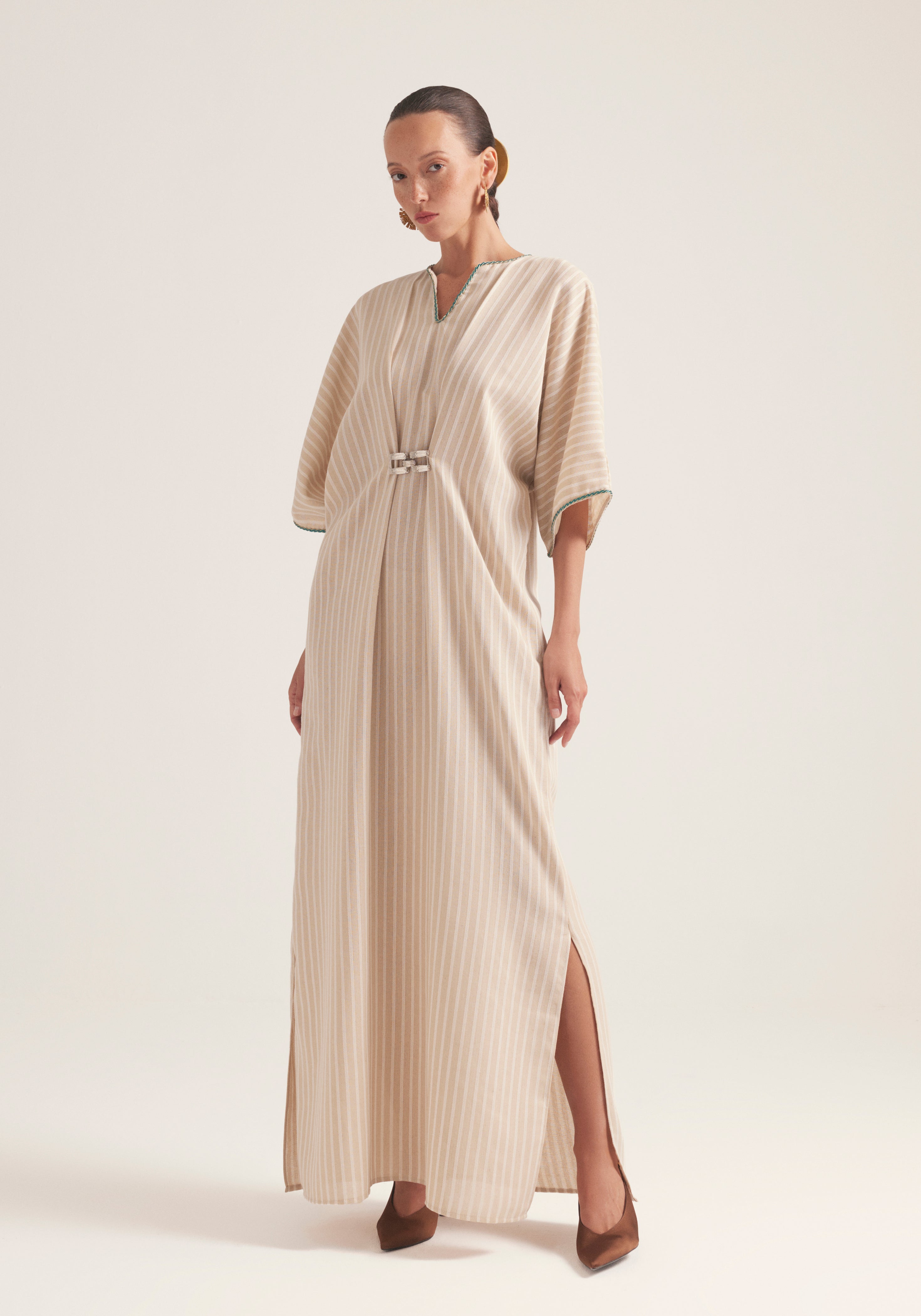 white and beaj Stripes with Silver buckle Kaftan