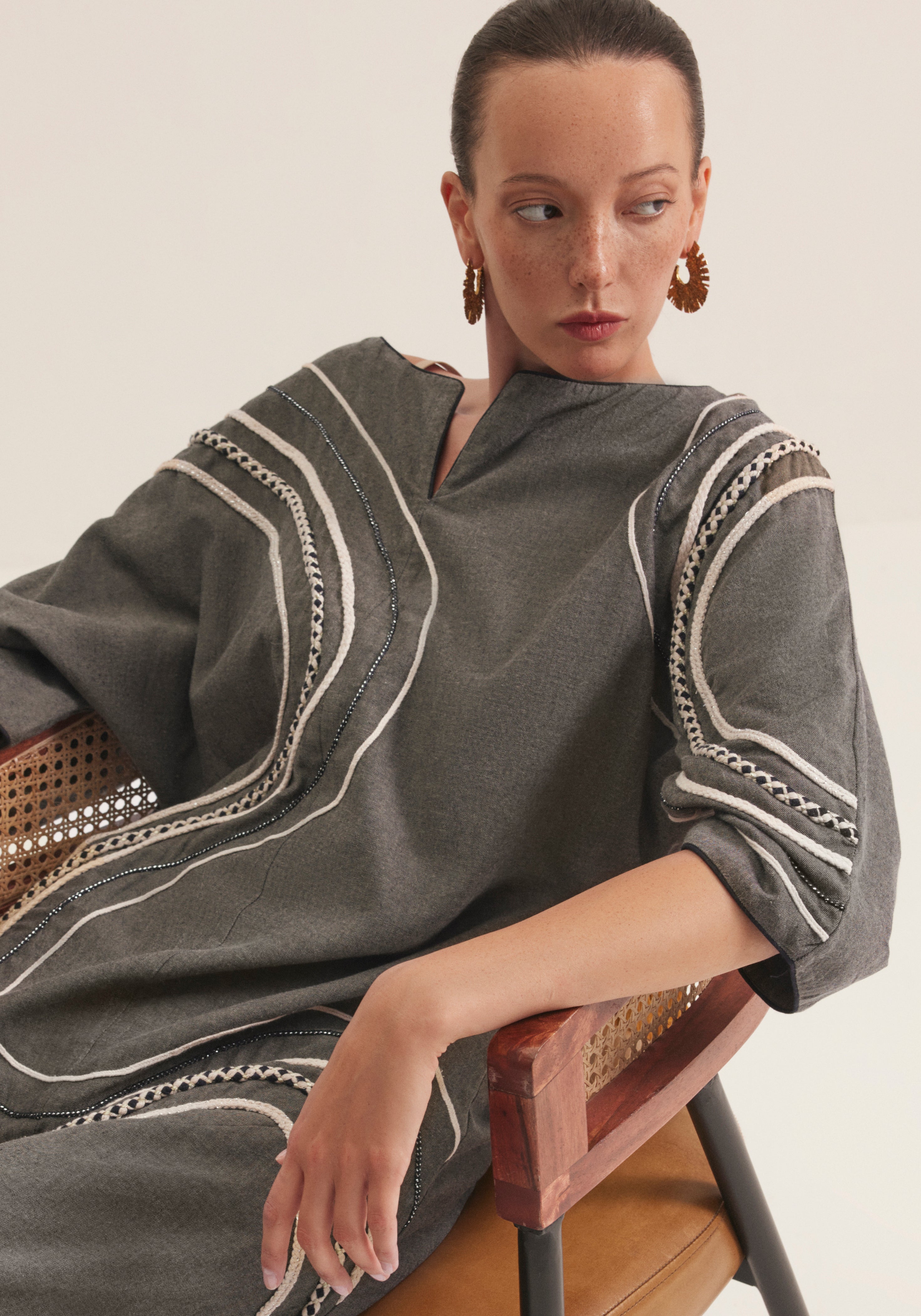 Charcoal Kaftan with graphic swirls of embroidery