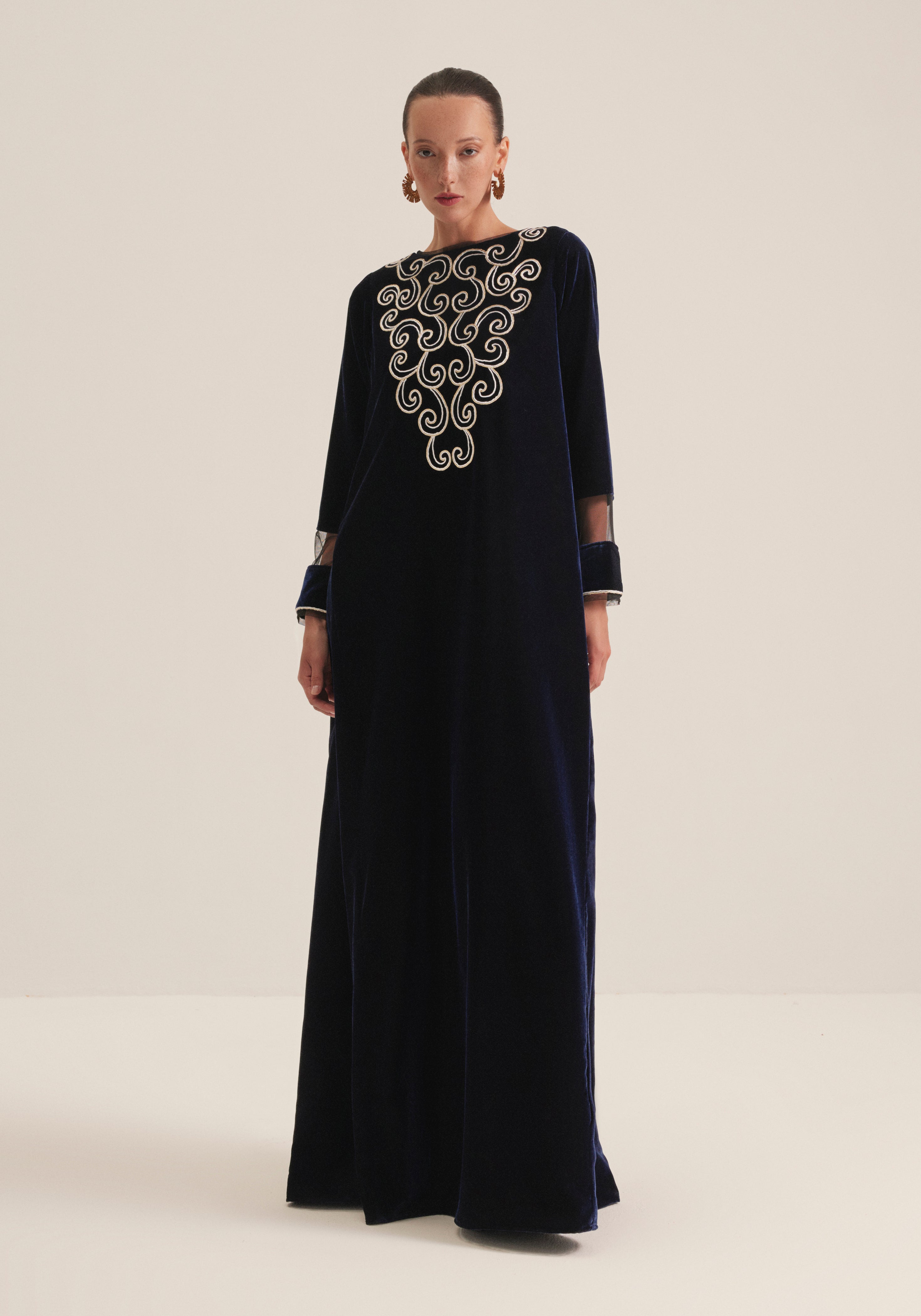 Navy blue velvet Kaftan with embroidery