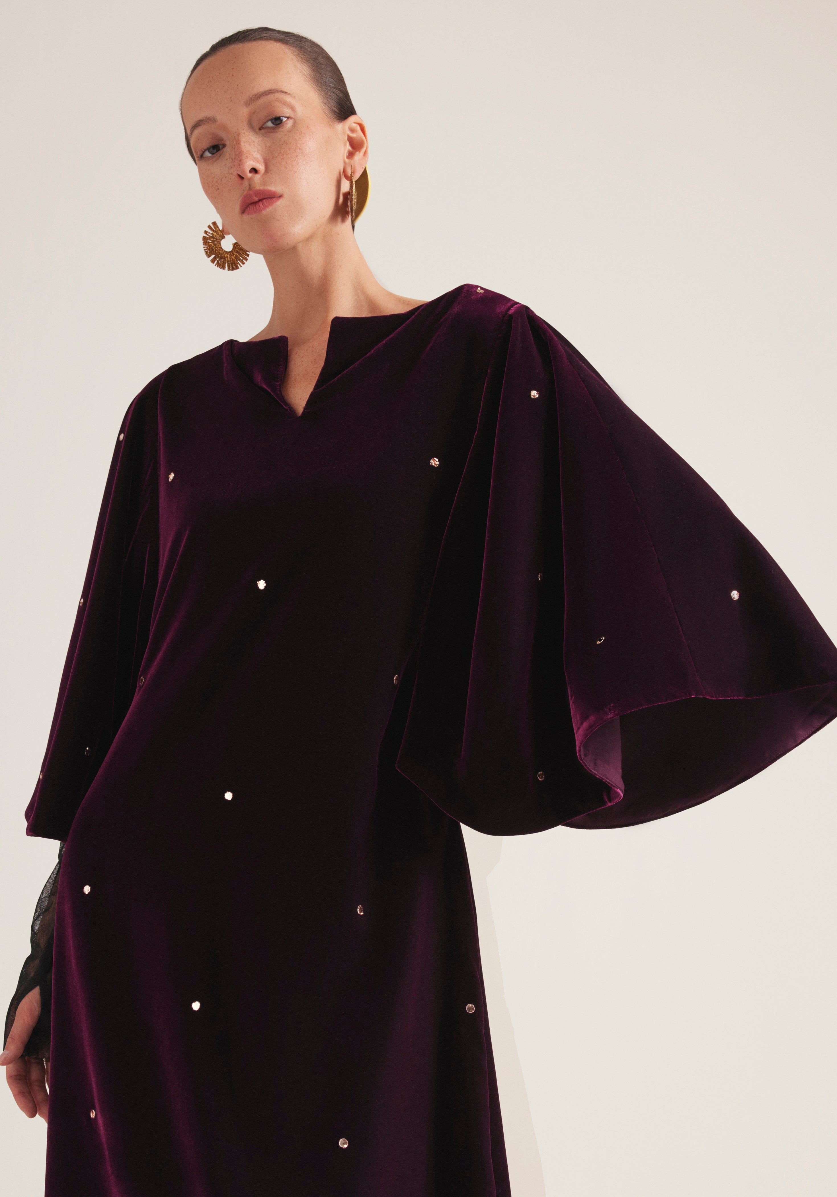Maroon Kaftan velvet with tulle sleeves