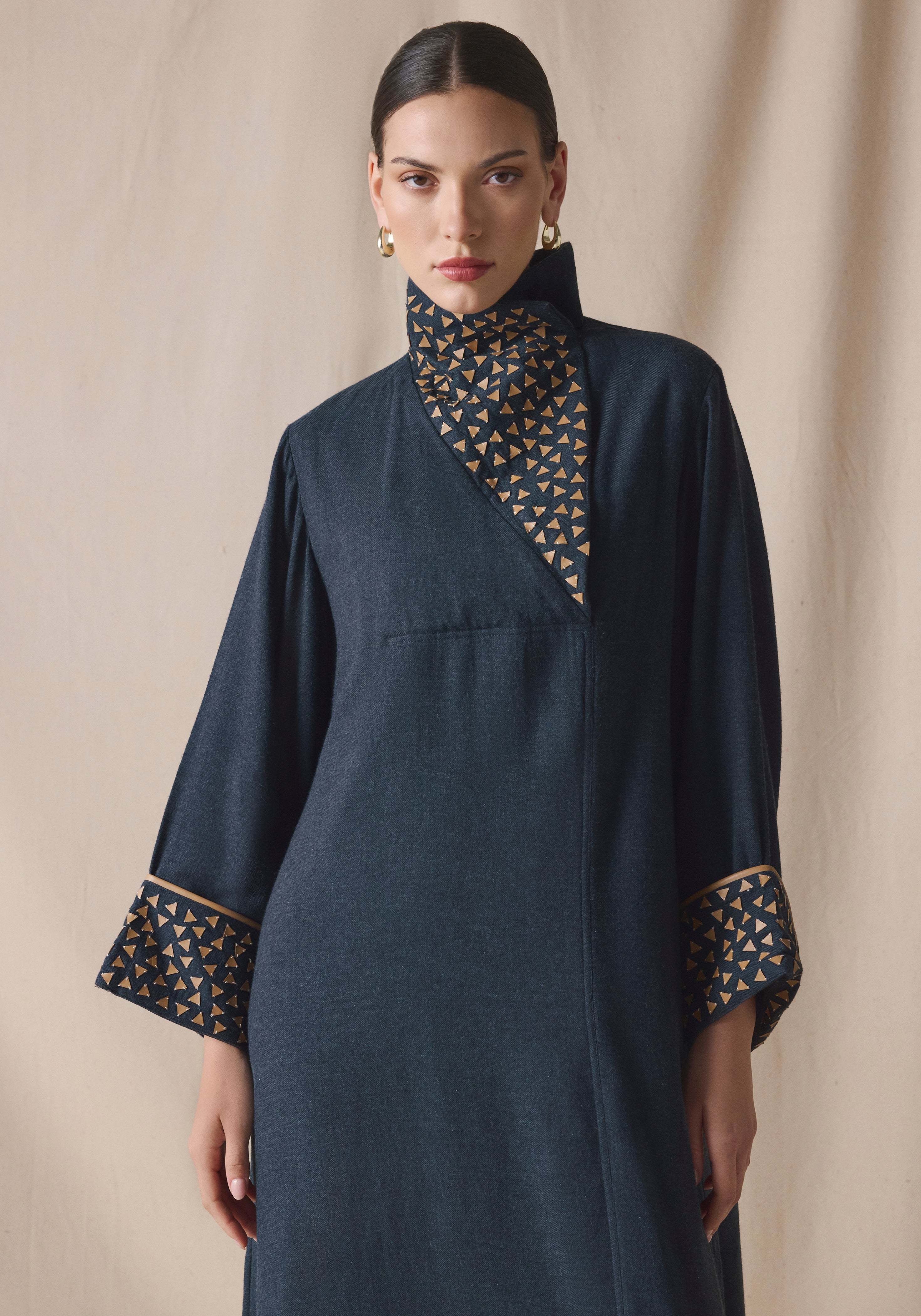 High Collar Kaftan in wool with leather details