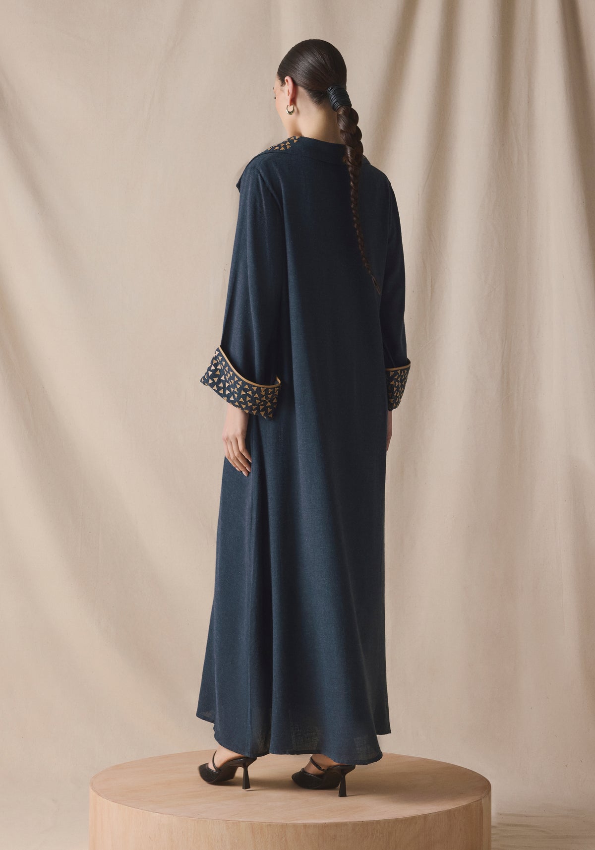 High Collar Kaftan in wool with leather details