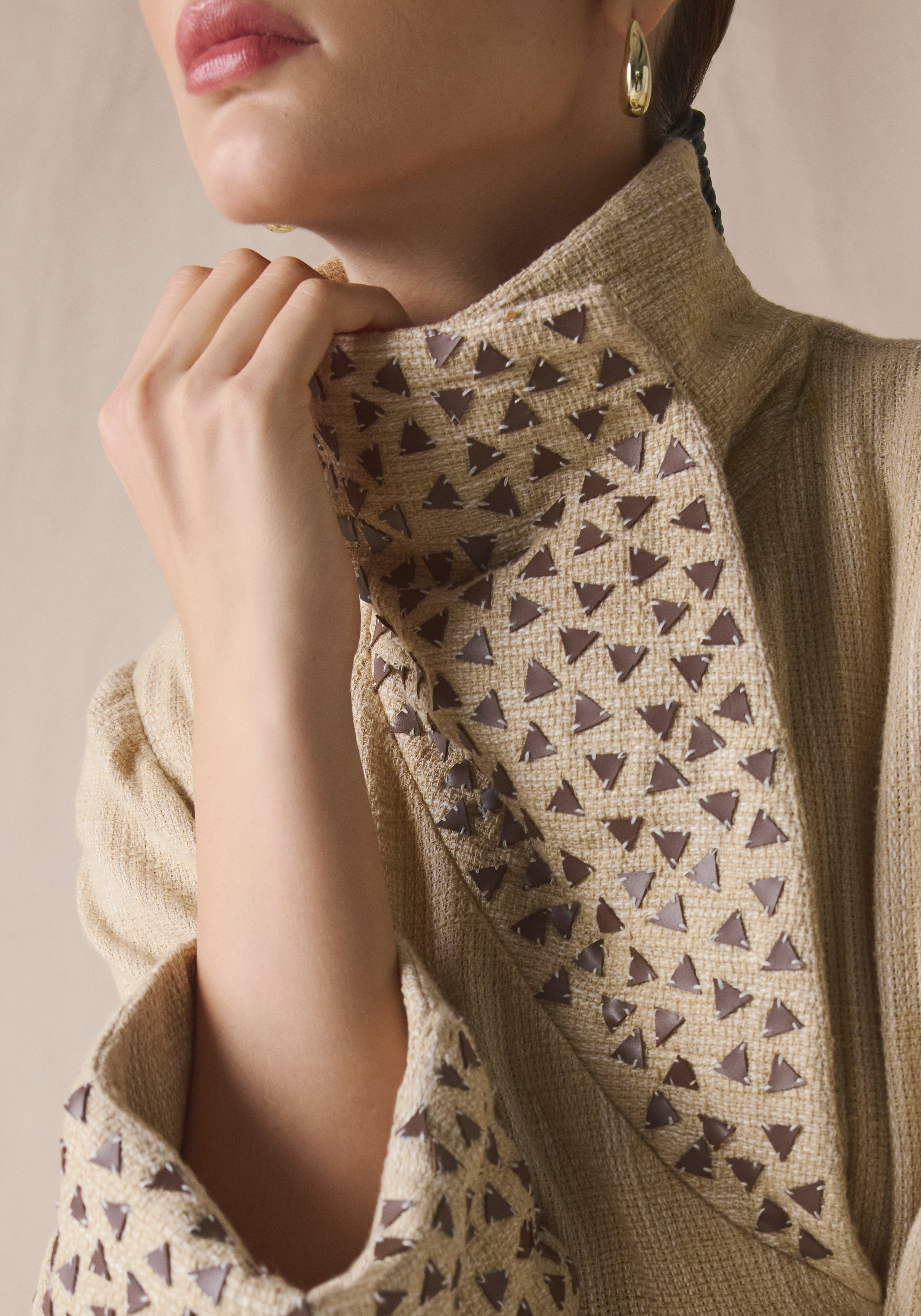 High Collar Kaftan in brown leather details