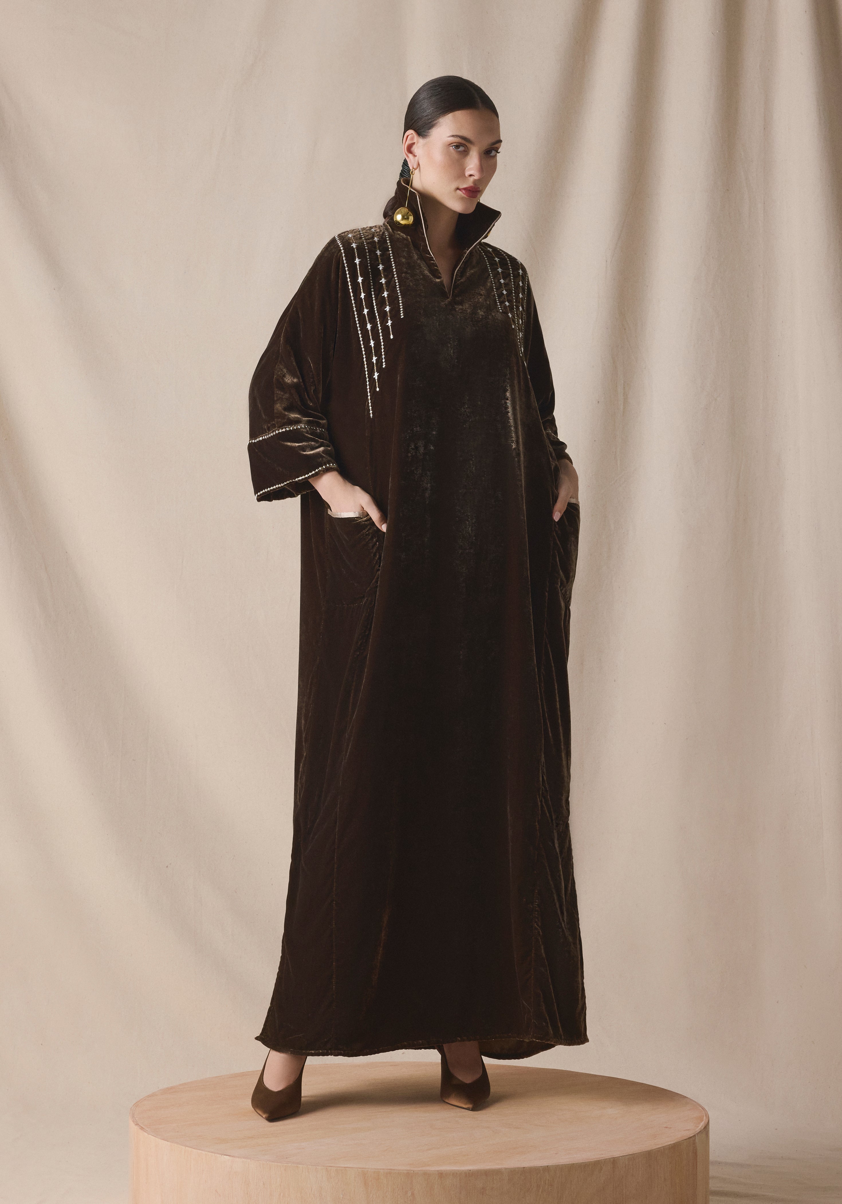 Brown Velvet Kaftan with pockets