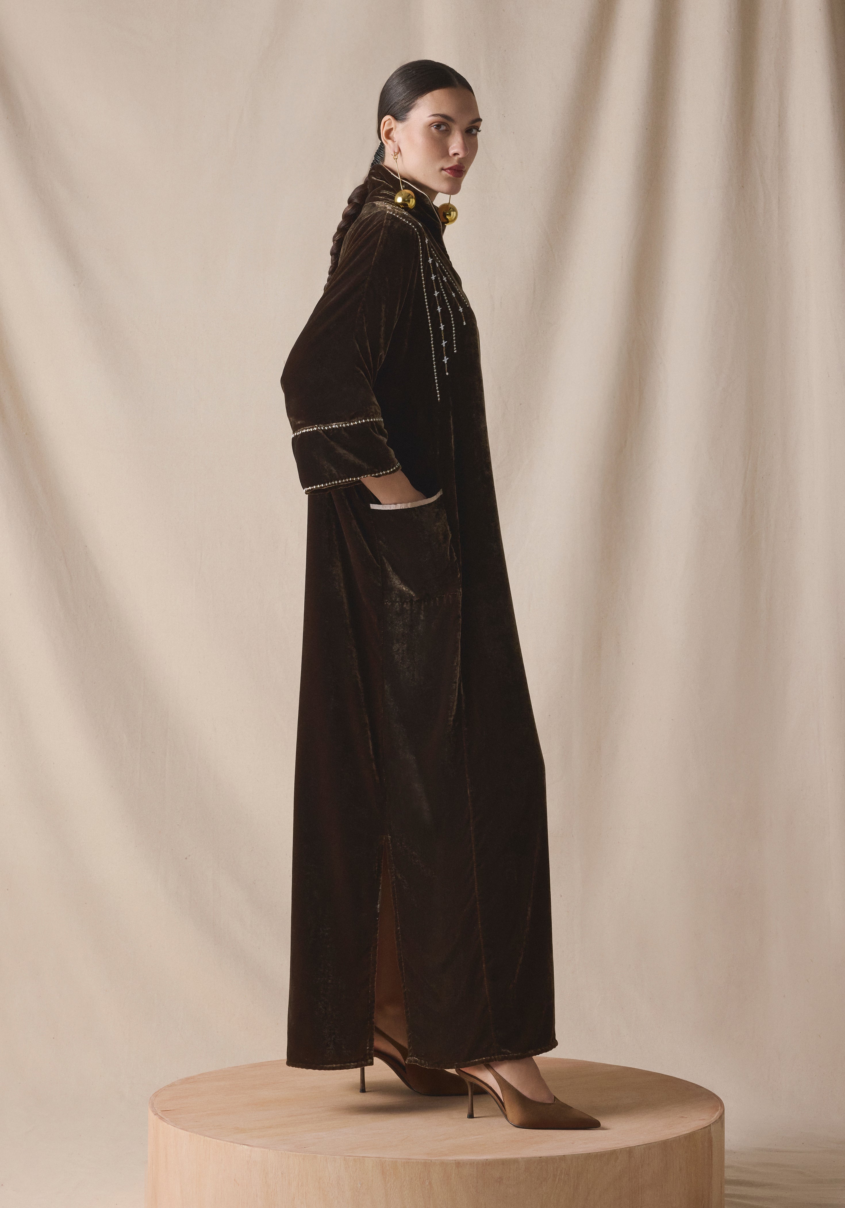Brown Velvet Kaftan with pockets