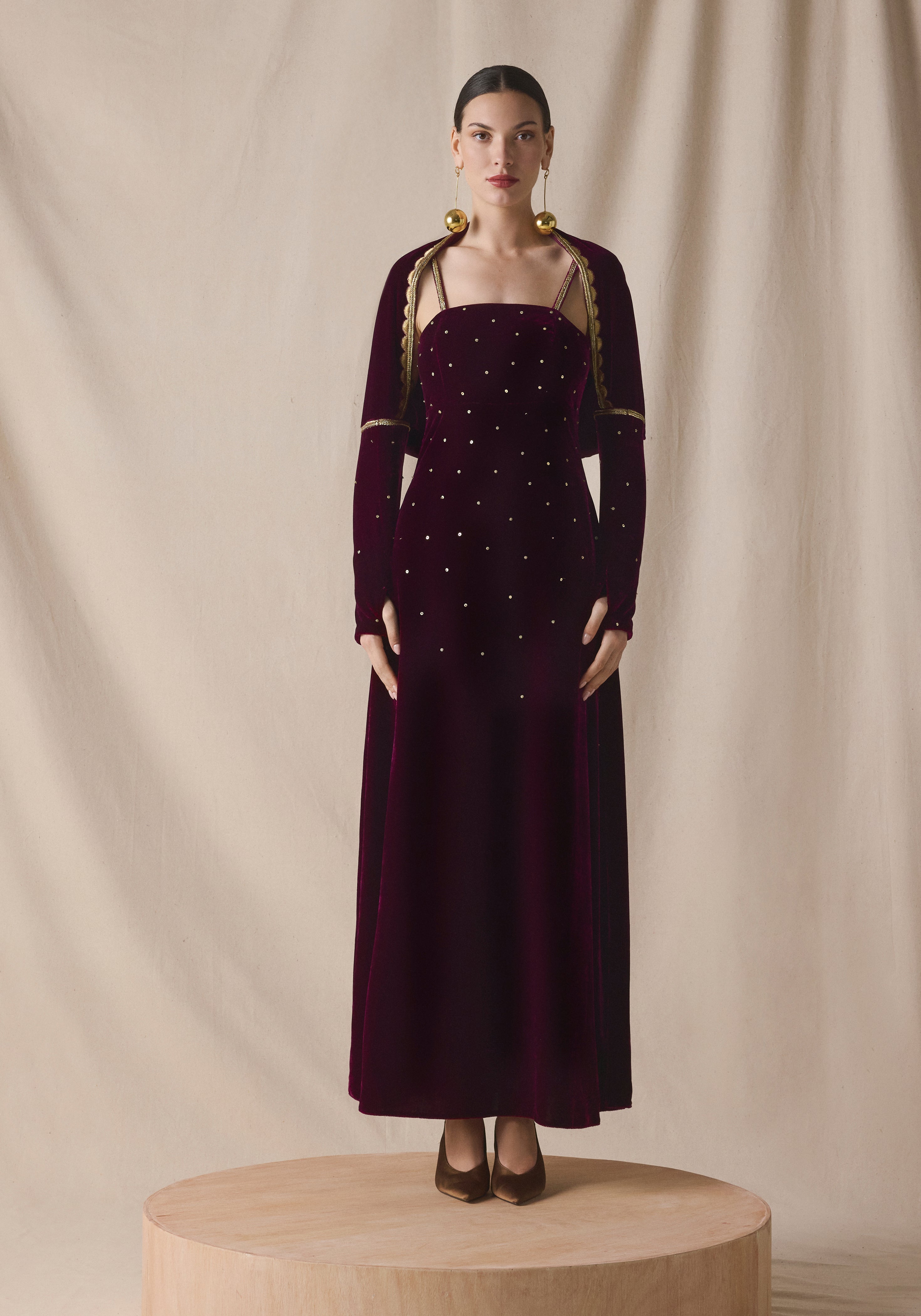 maroon Velvet kaftan with Cape