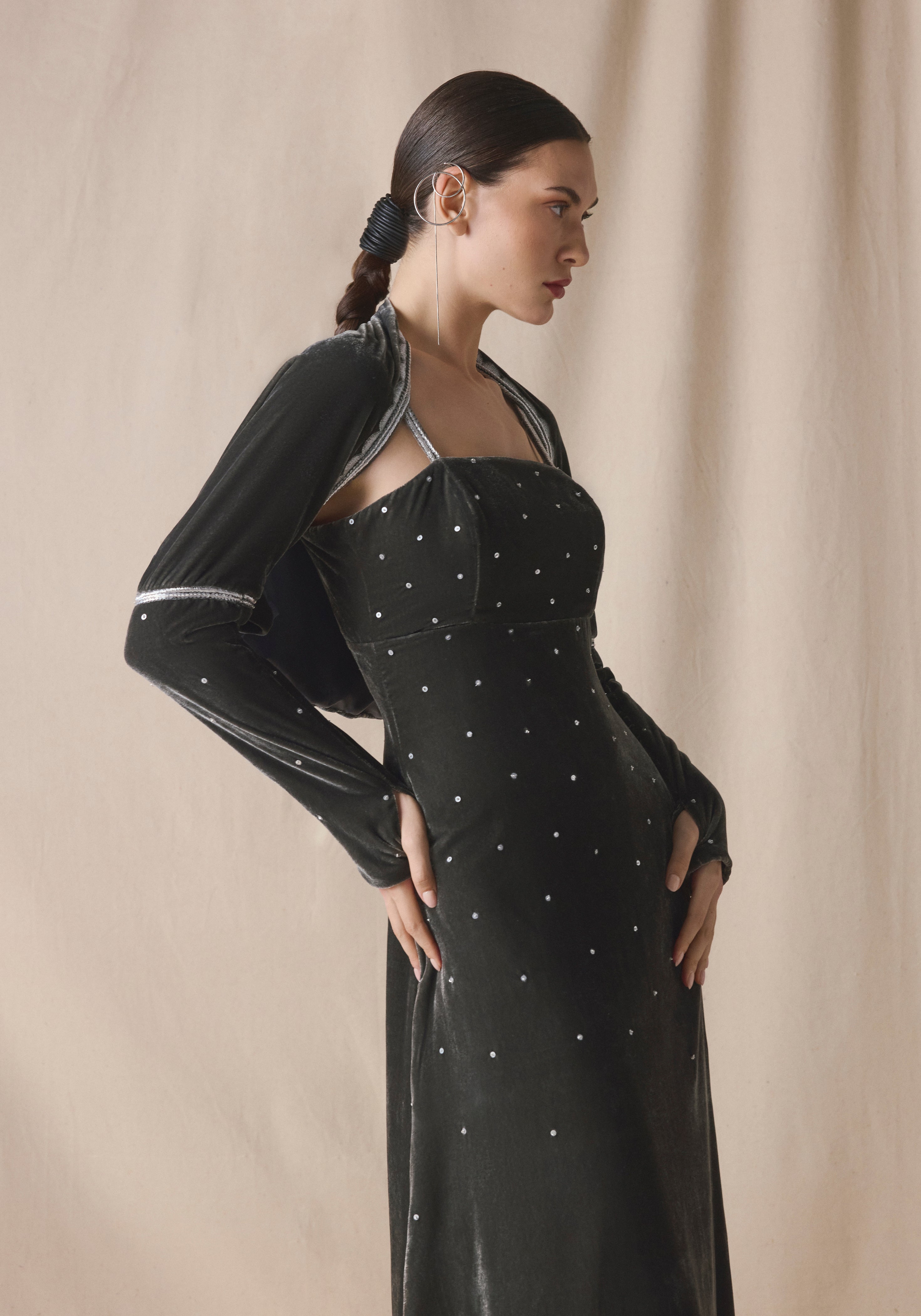 Grey Velvet Kaftan with Cape with silver embroidery