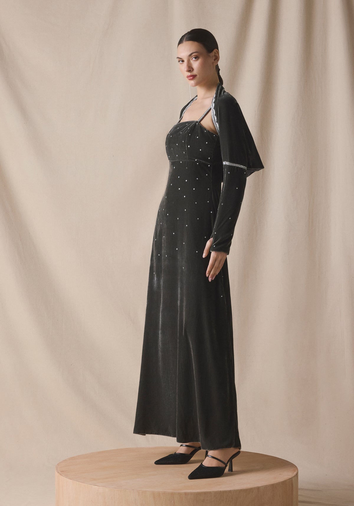 Grey Velvet Kaftan with Cape with silver embroidery