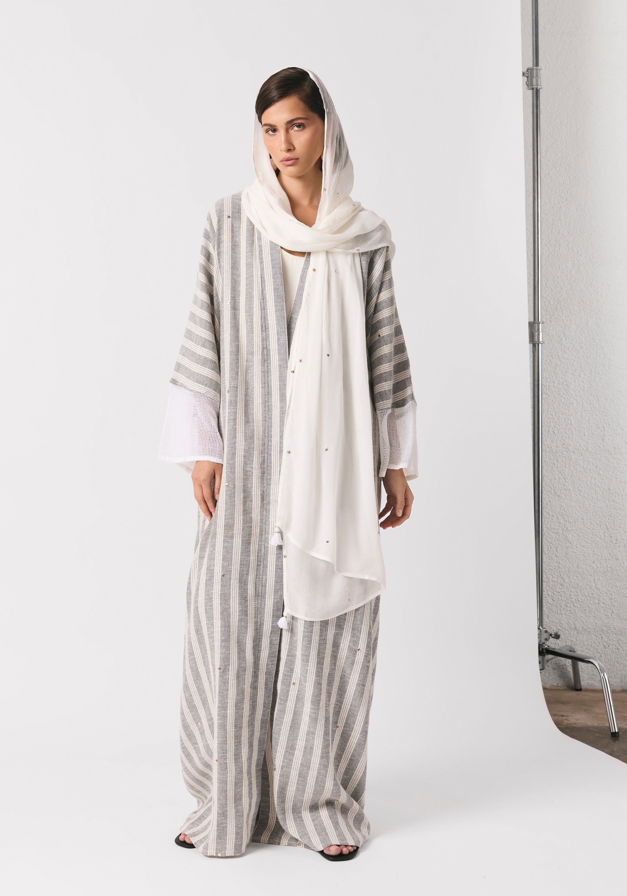 Striped Gray Linen Abaya & Shayla
