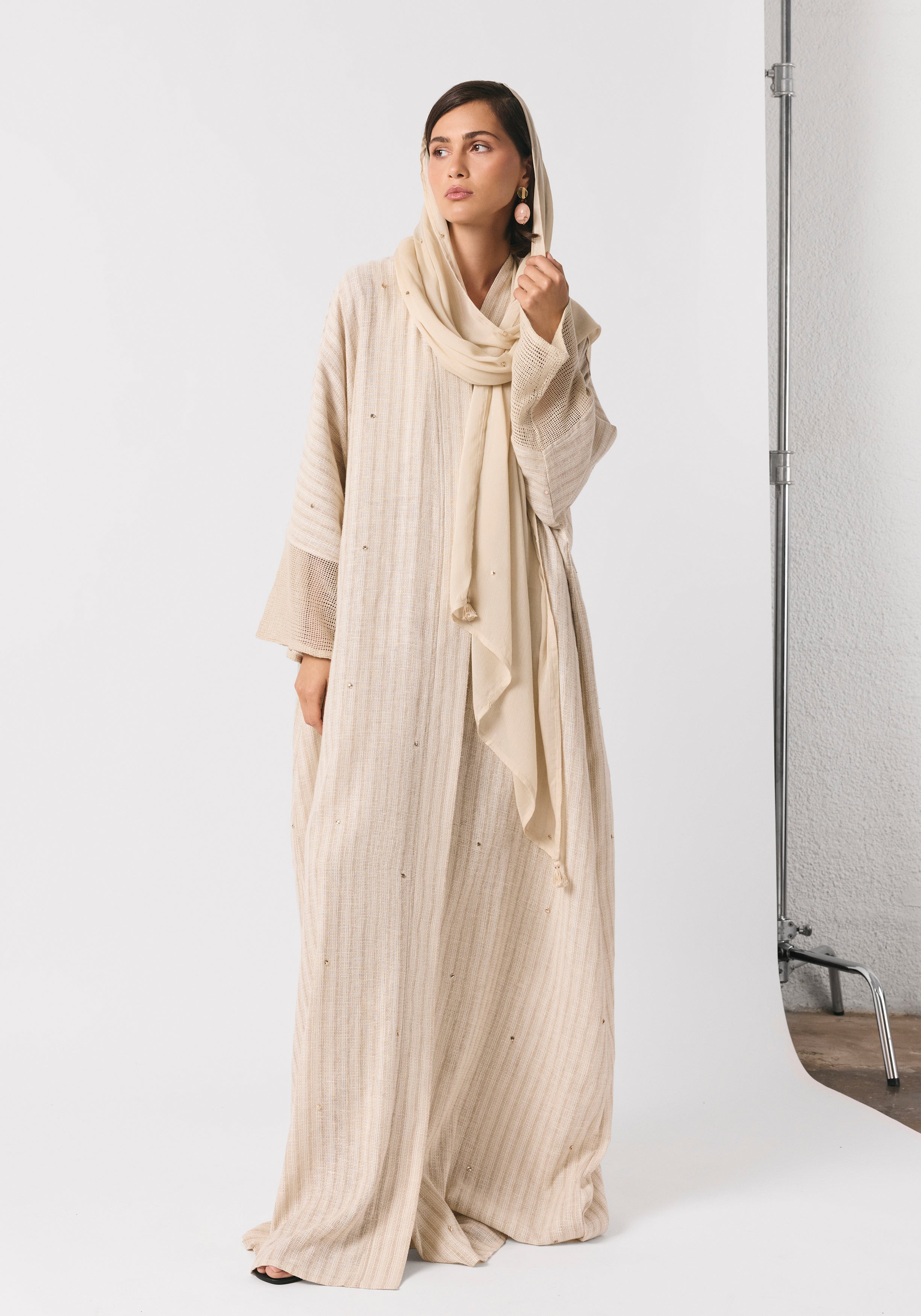 Striped Linen Abaya & Shayla with gold dots