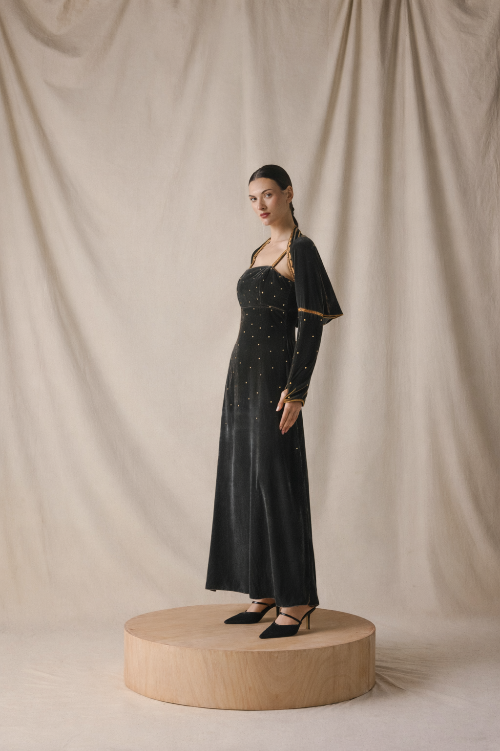 Grey Velvet Kaftan with Cape with gold embroidery