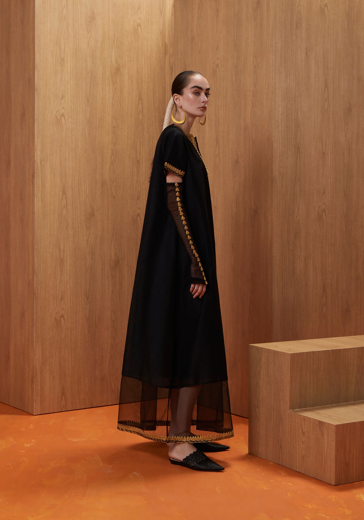 Black Kaftan with Sheer embroidered Gloves