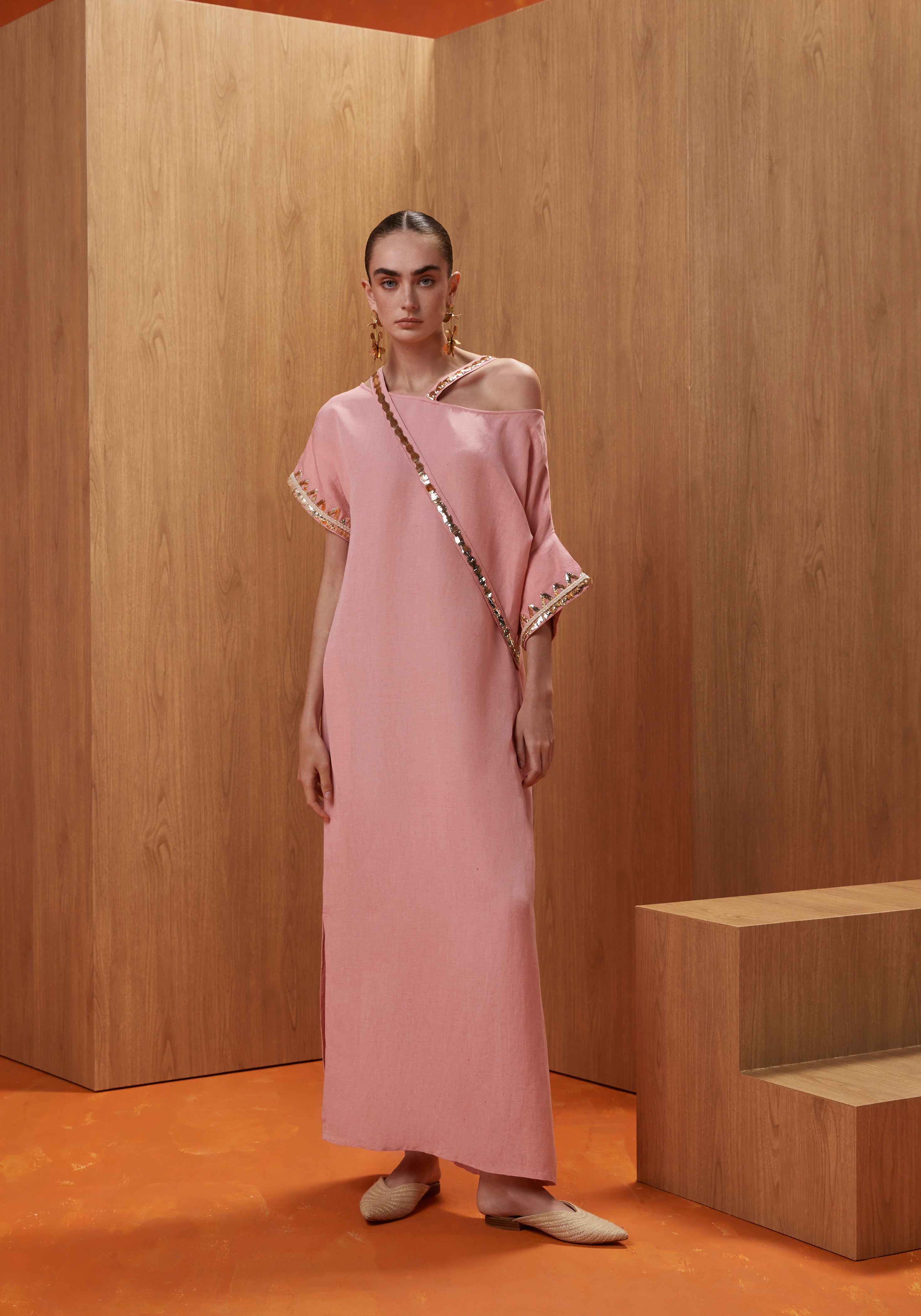 Pink Kaftan with gold embroidery