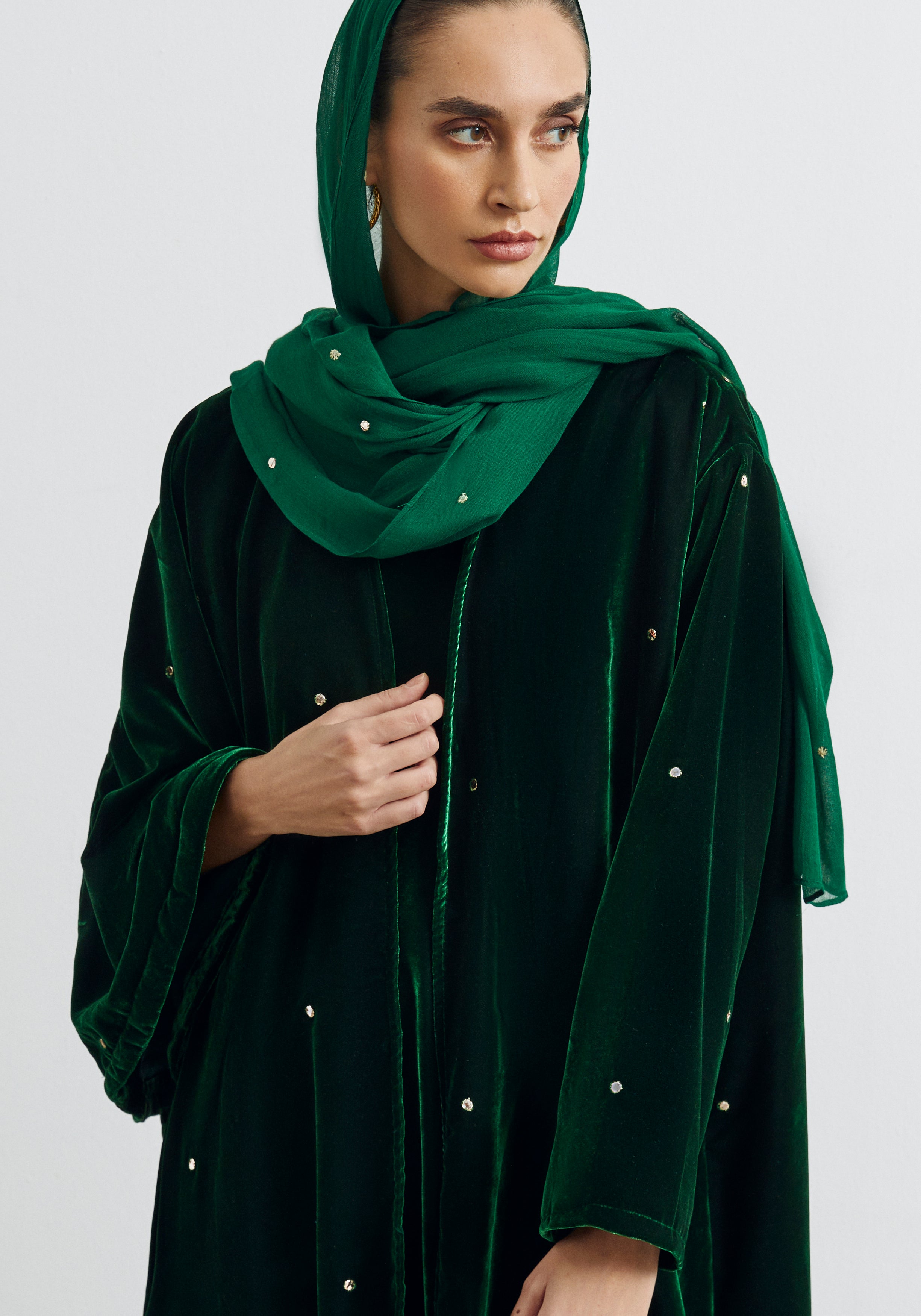 Velvet Green Abaya & Shayla in Dots Style