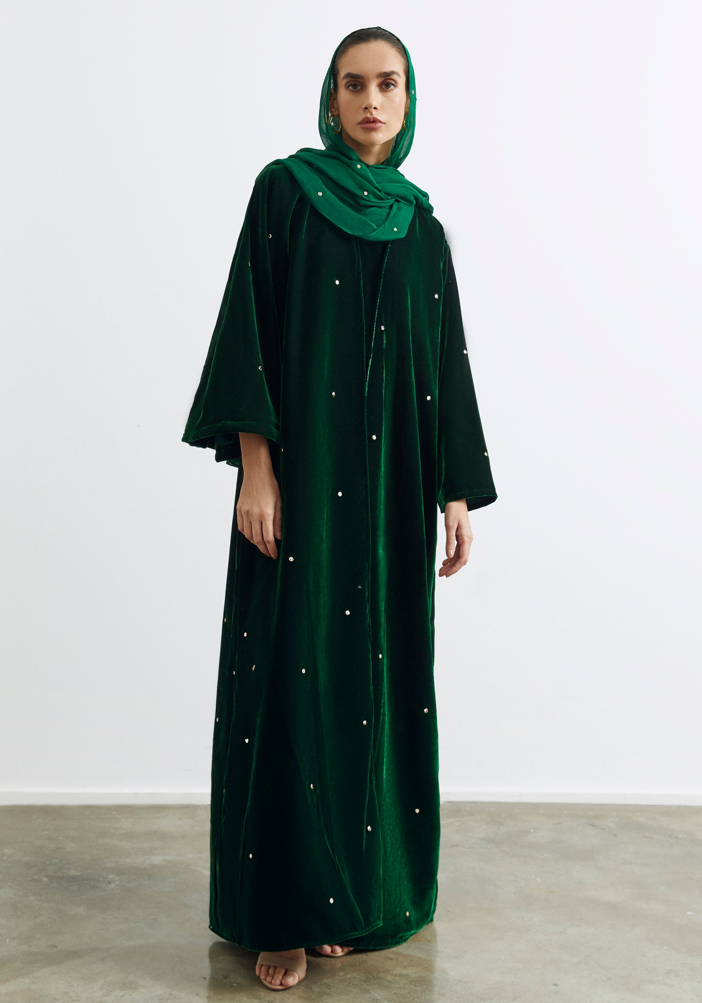 Velvet Green Abaya & Shayla in Dots Style