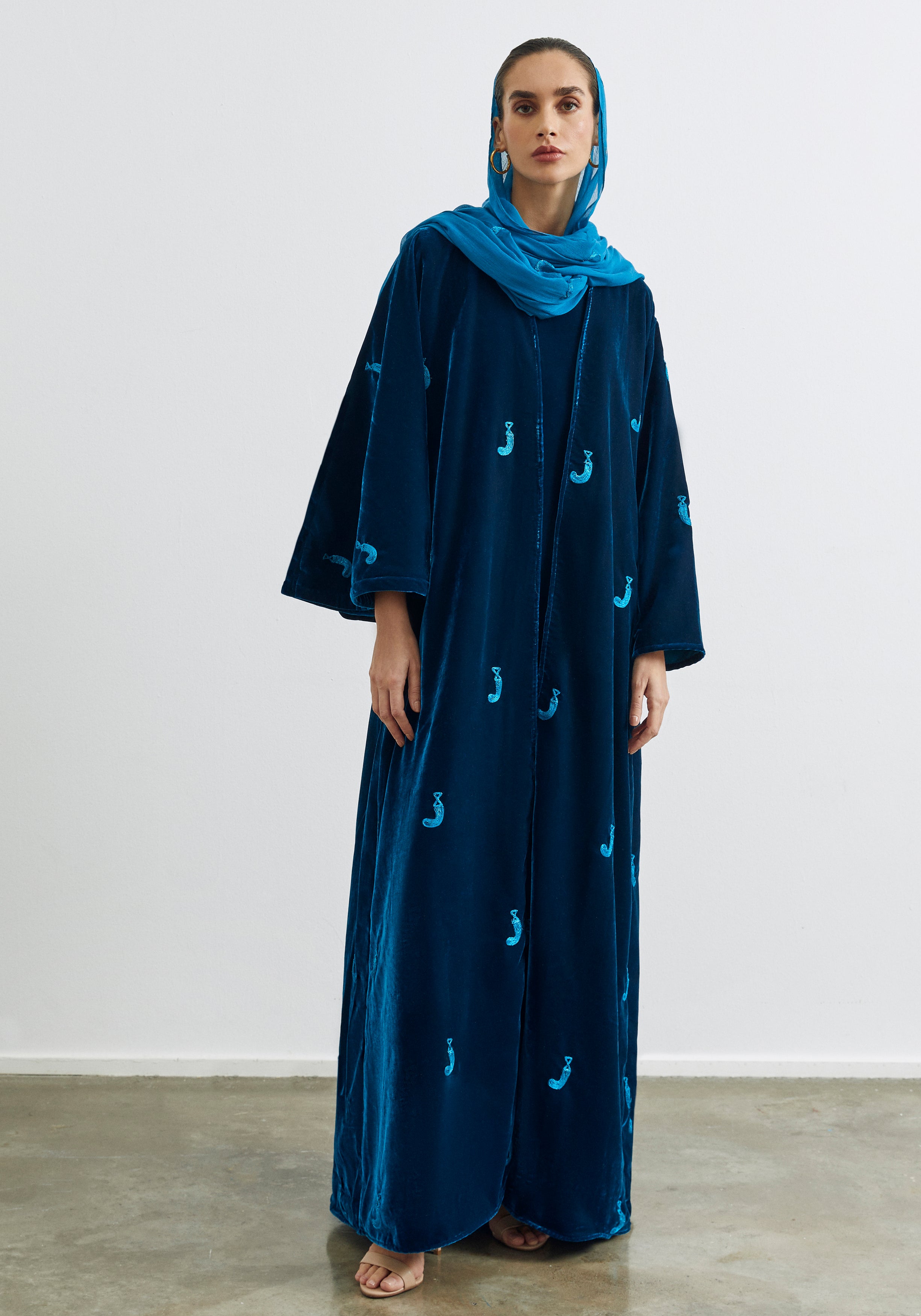 Velvet teal Abaya & Shayla in khanjar Style