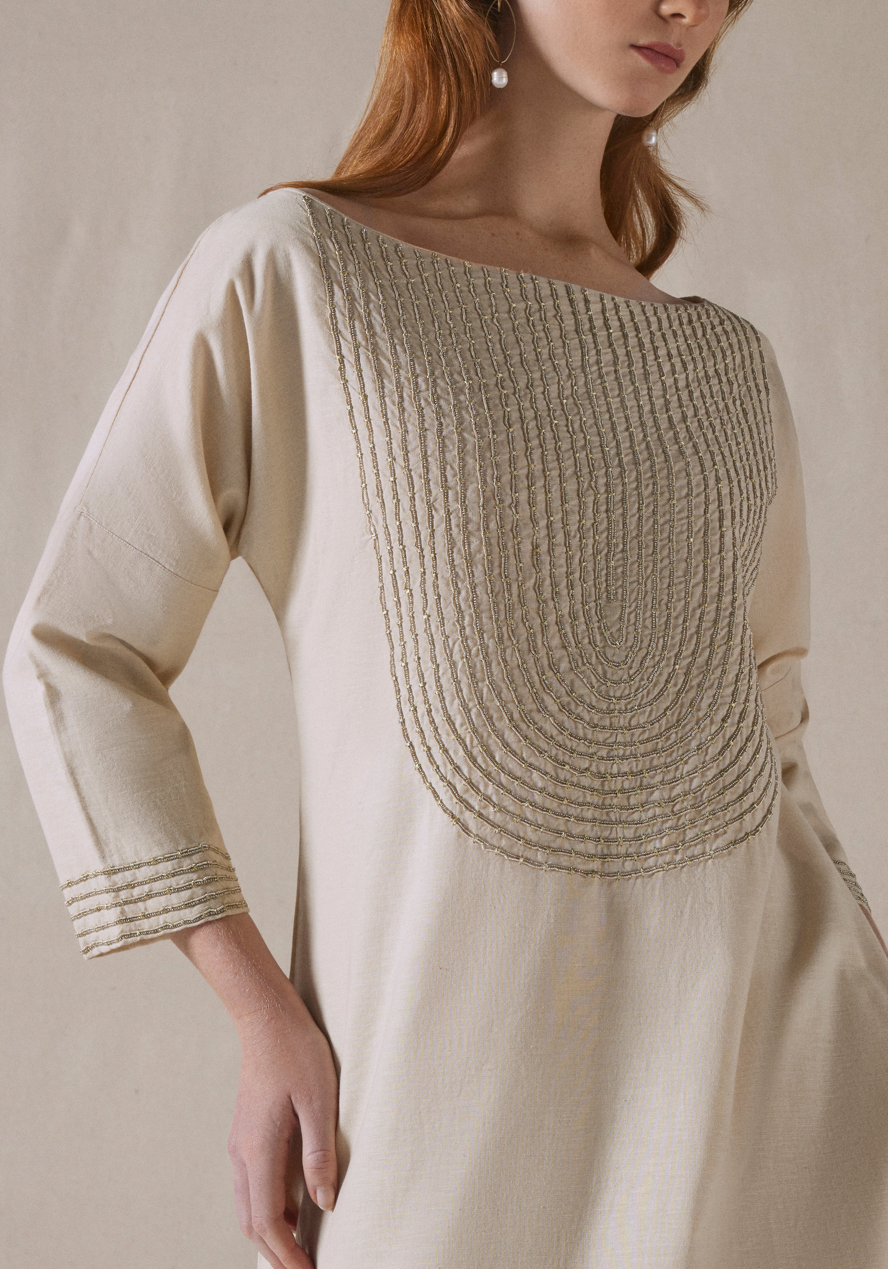 Beige Embroidered Kaftan