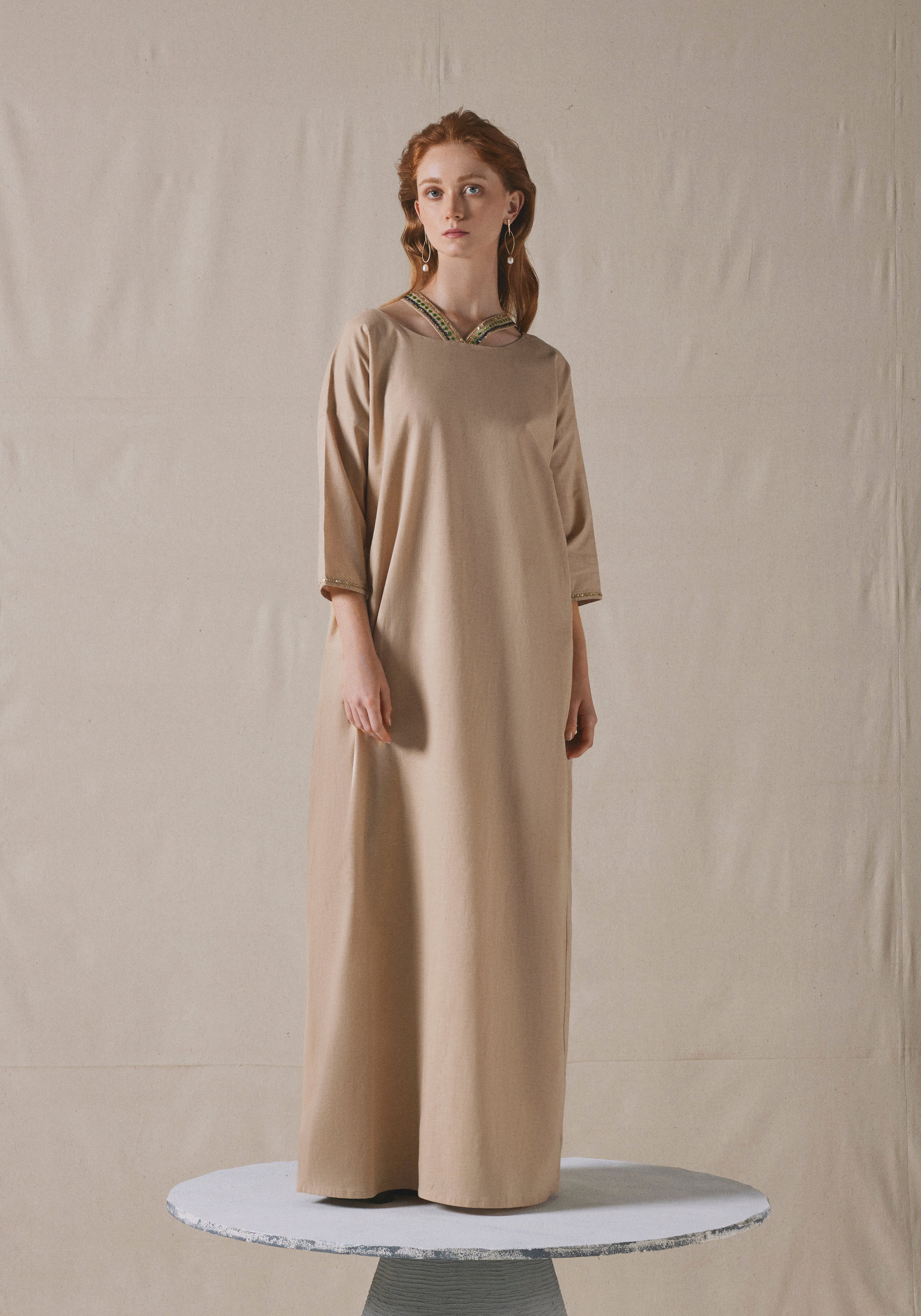 Beige Embroidered Kaftan
