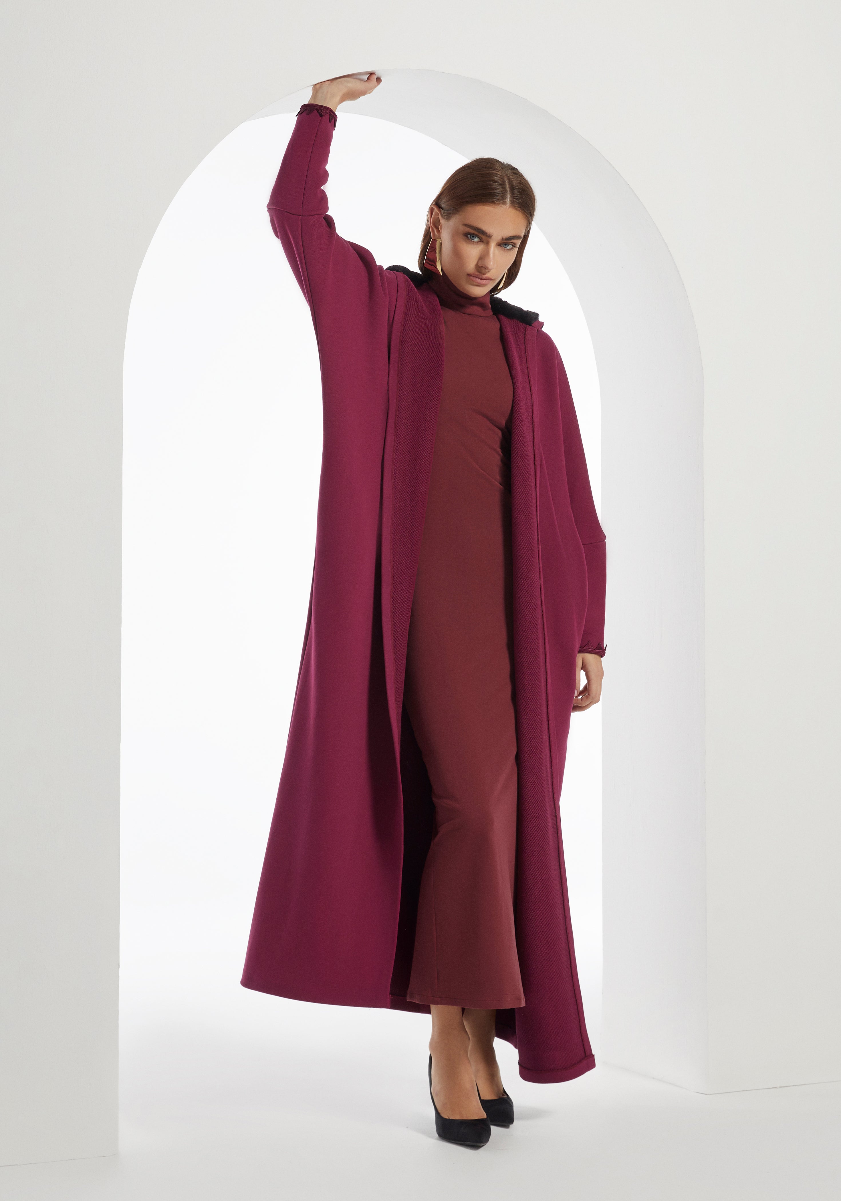 Maroon Hooded Farwa Coat