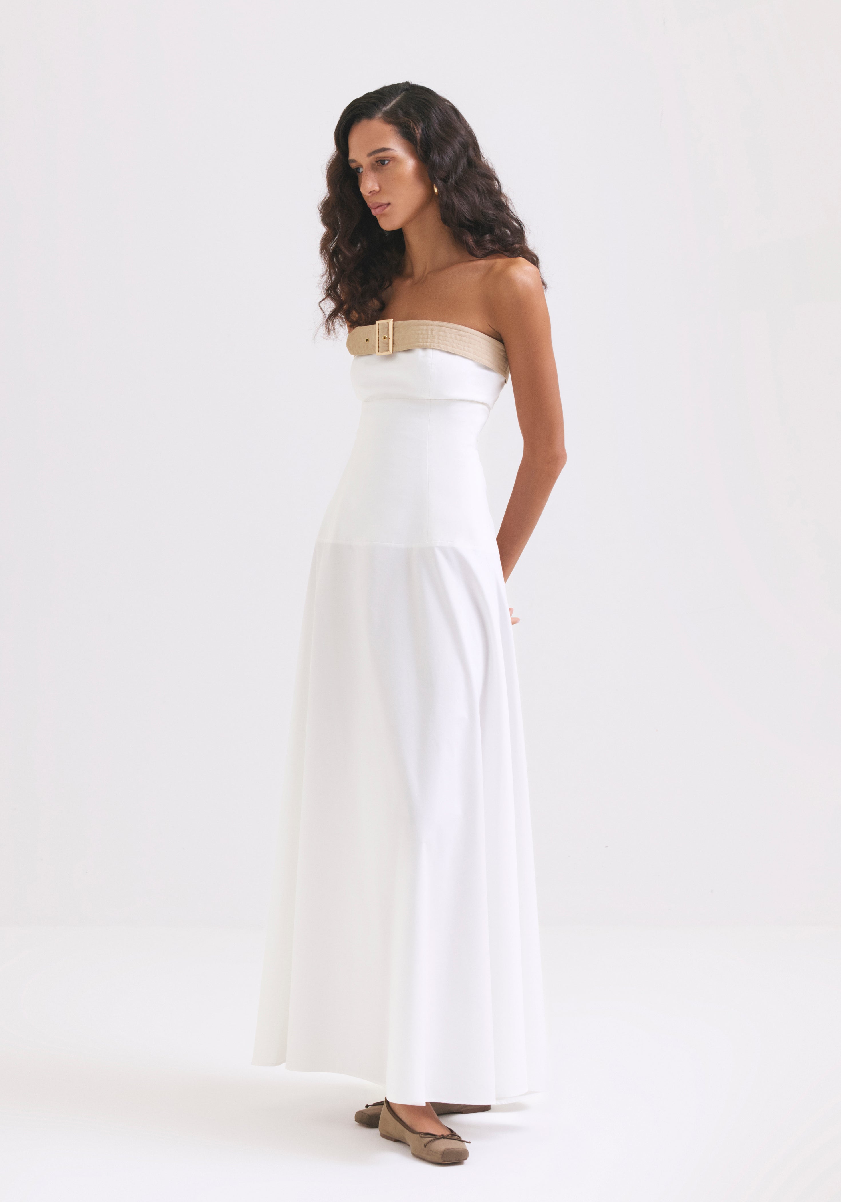 White off shoulder dress with Beige Strap