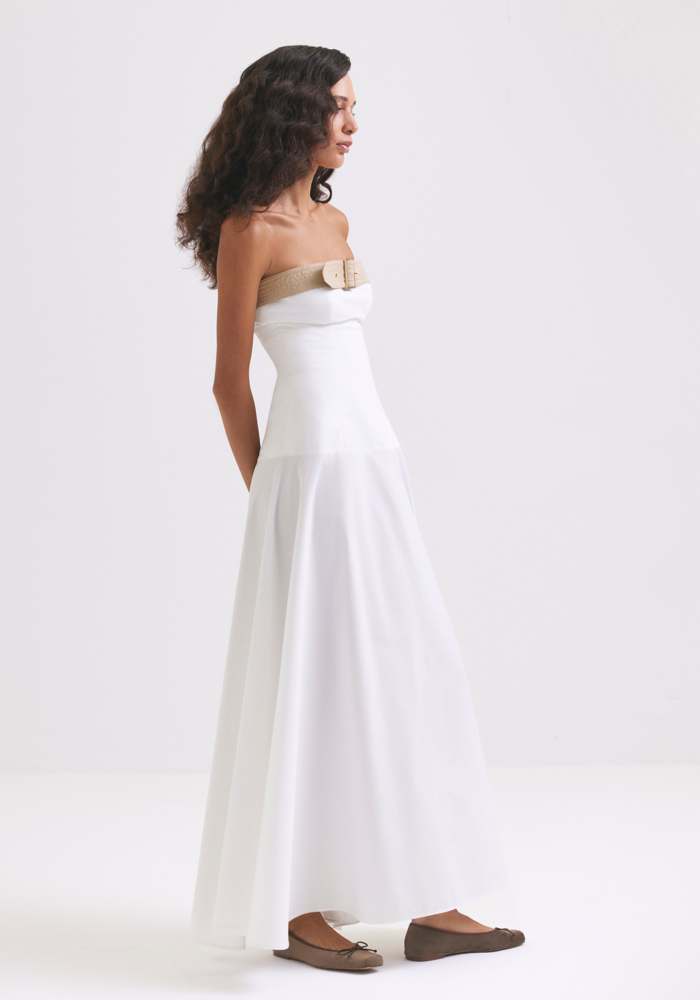 White off shoulder dress with Beige Strap