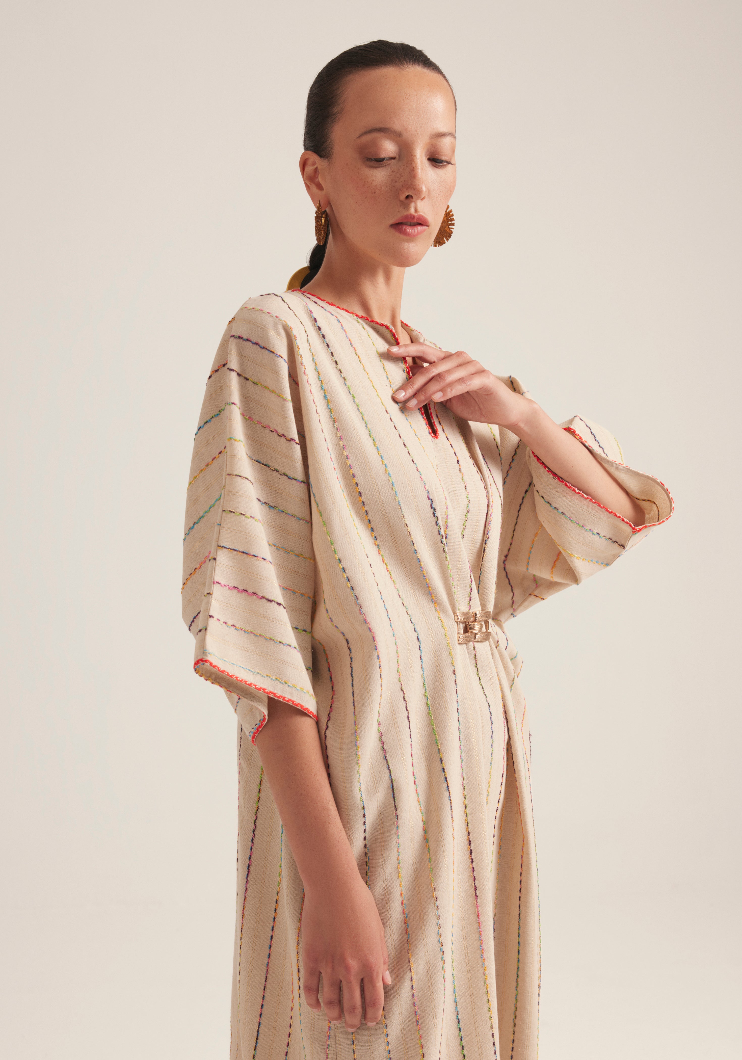 Colorful stripes with gold buckle Kaftan