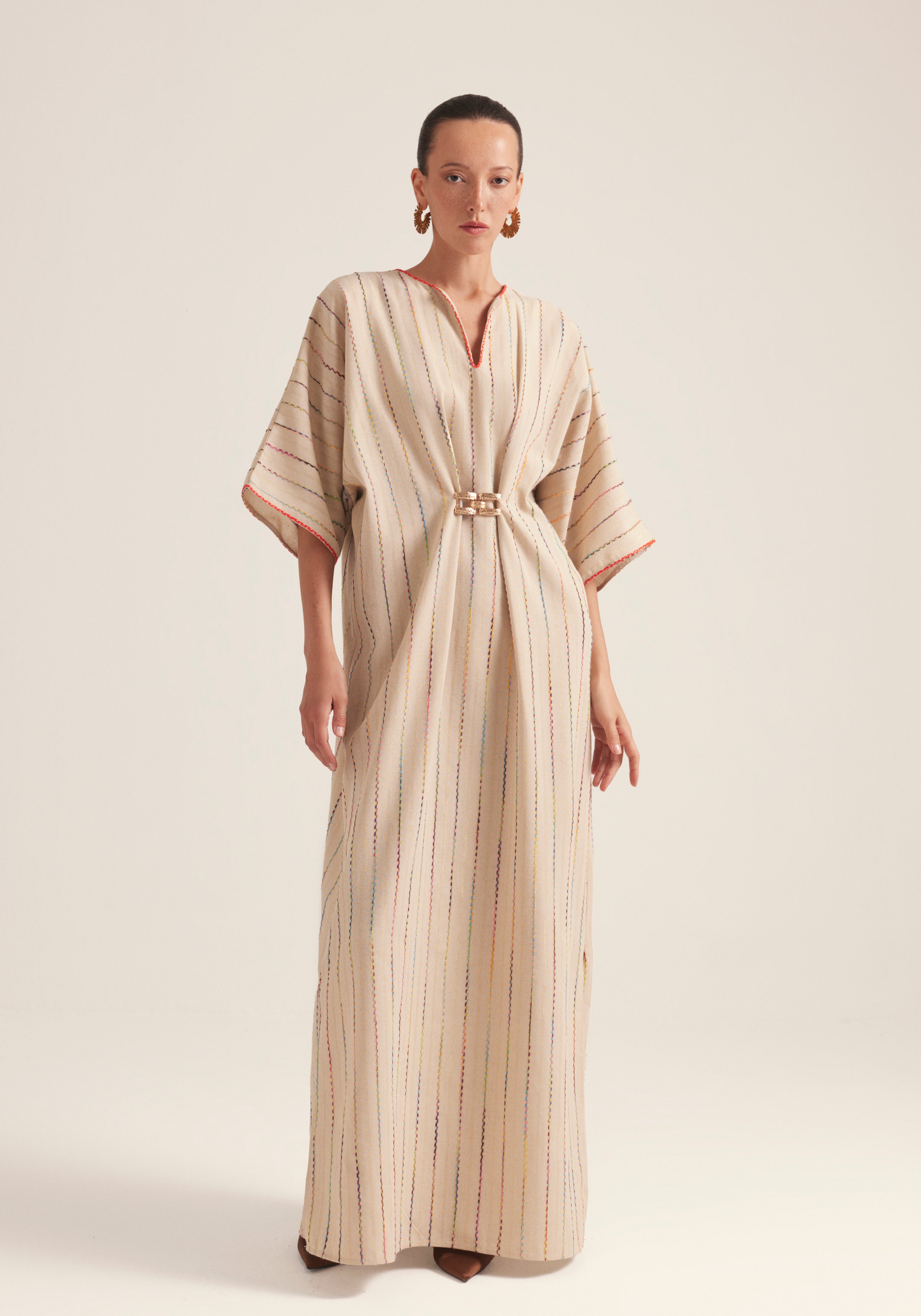 Colorful stripes with gold buckle Kaftan