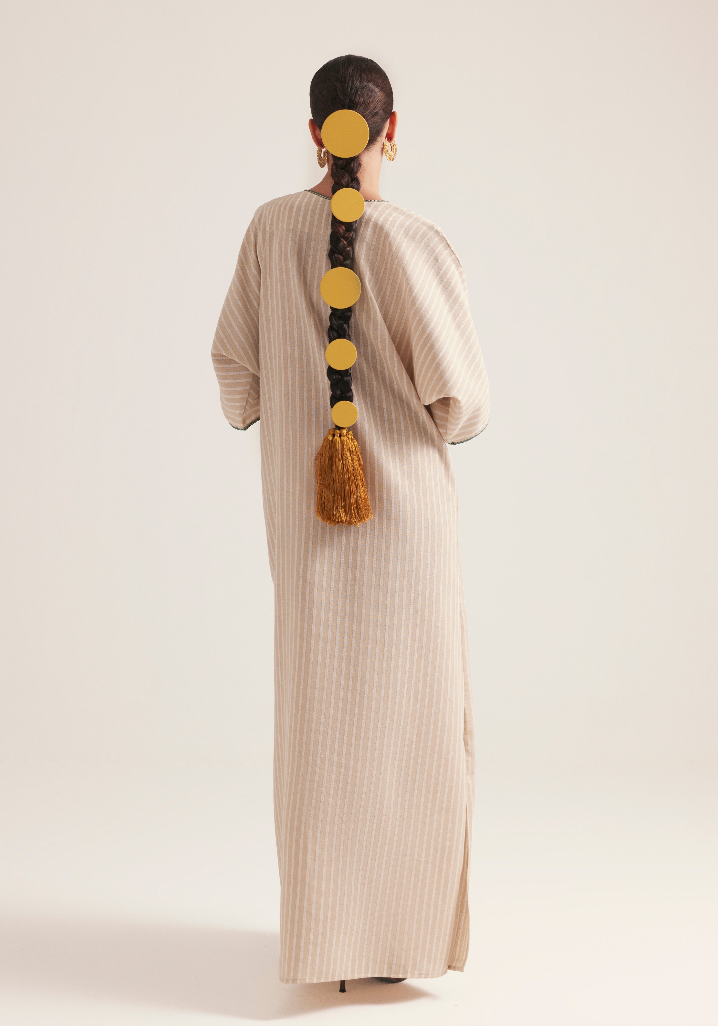 white and beaj Stripes with Silver buckle Kaftan