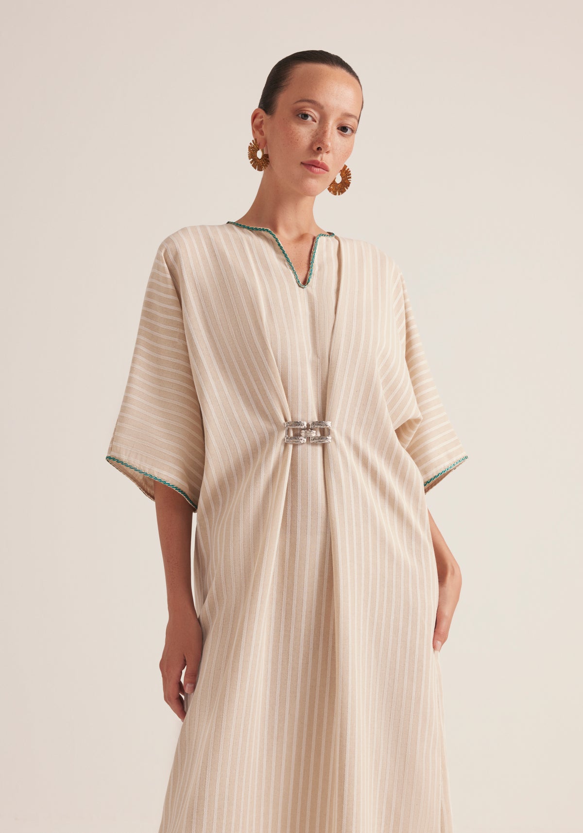 white and beaj Stripes with Silver buckle Kaftan