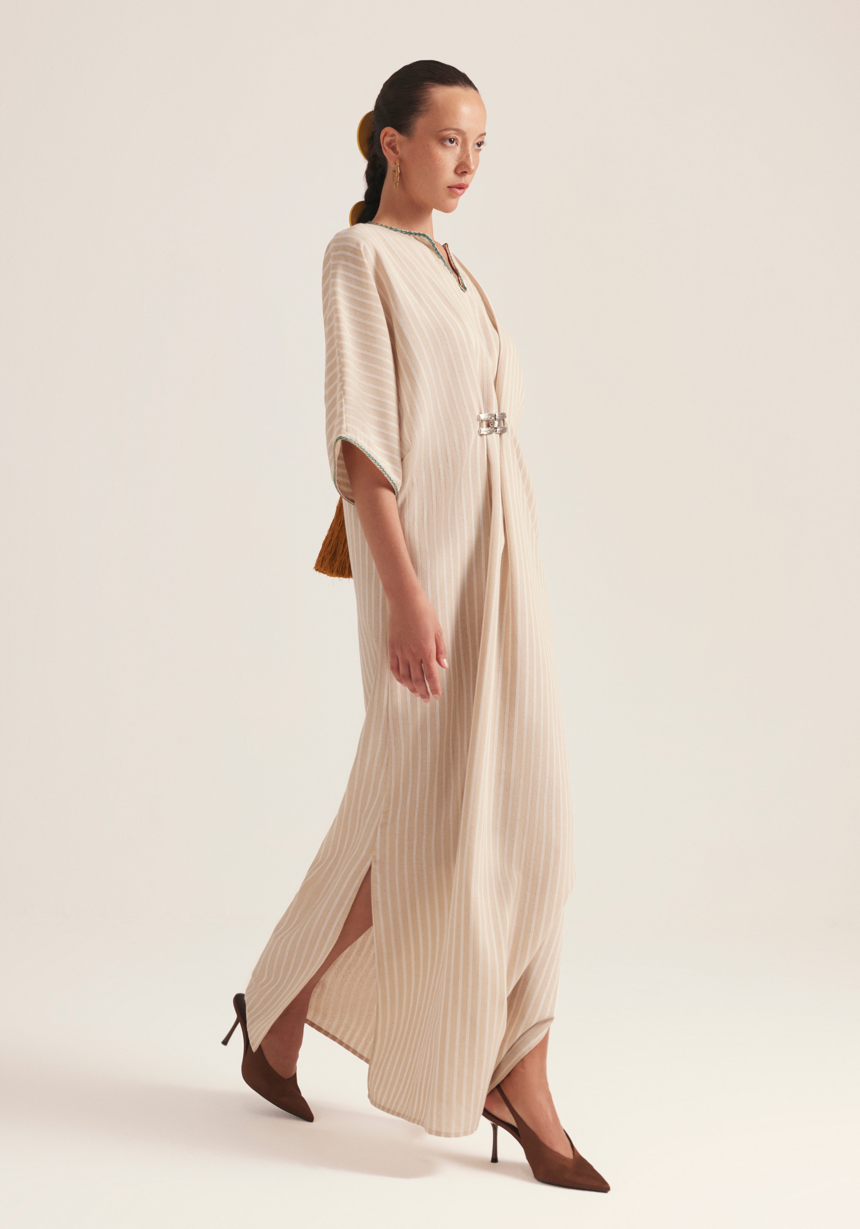 white and beaj Stripes with Silver buckle Kaftan