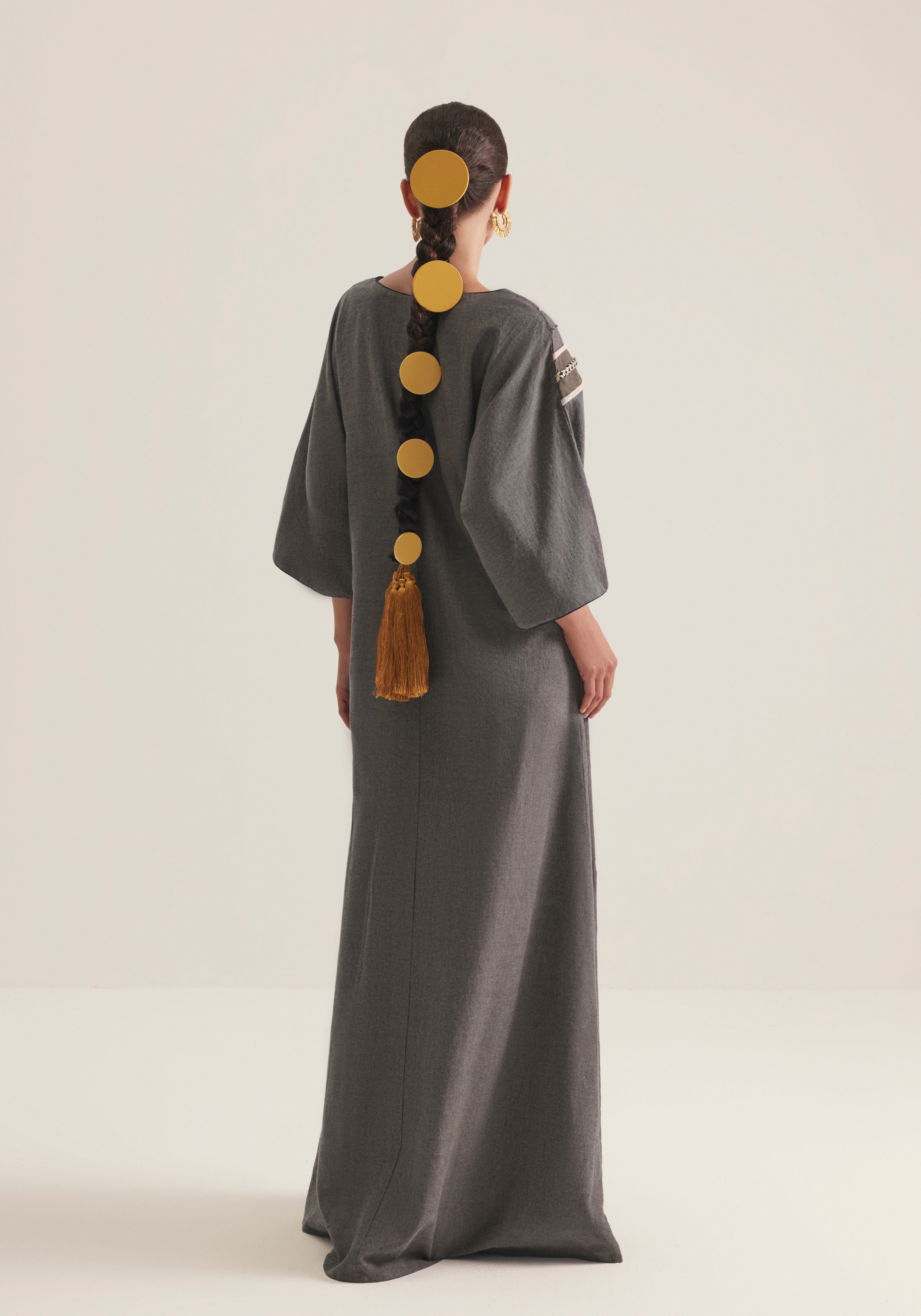 Charcoal Kaftan with graphic swirls of embroidery