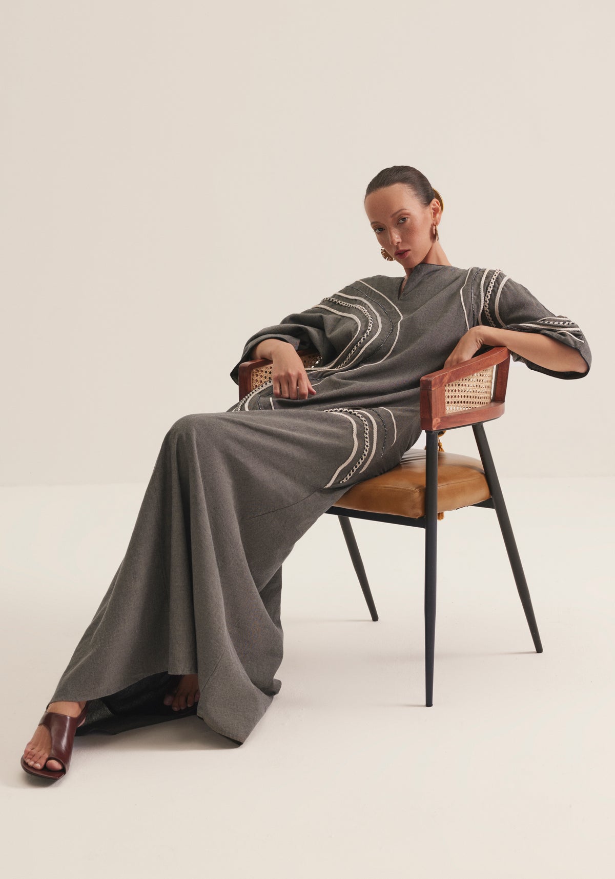 Charcoal Kaftan with graphic swirls of embroidery