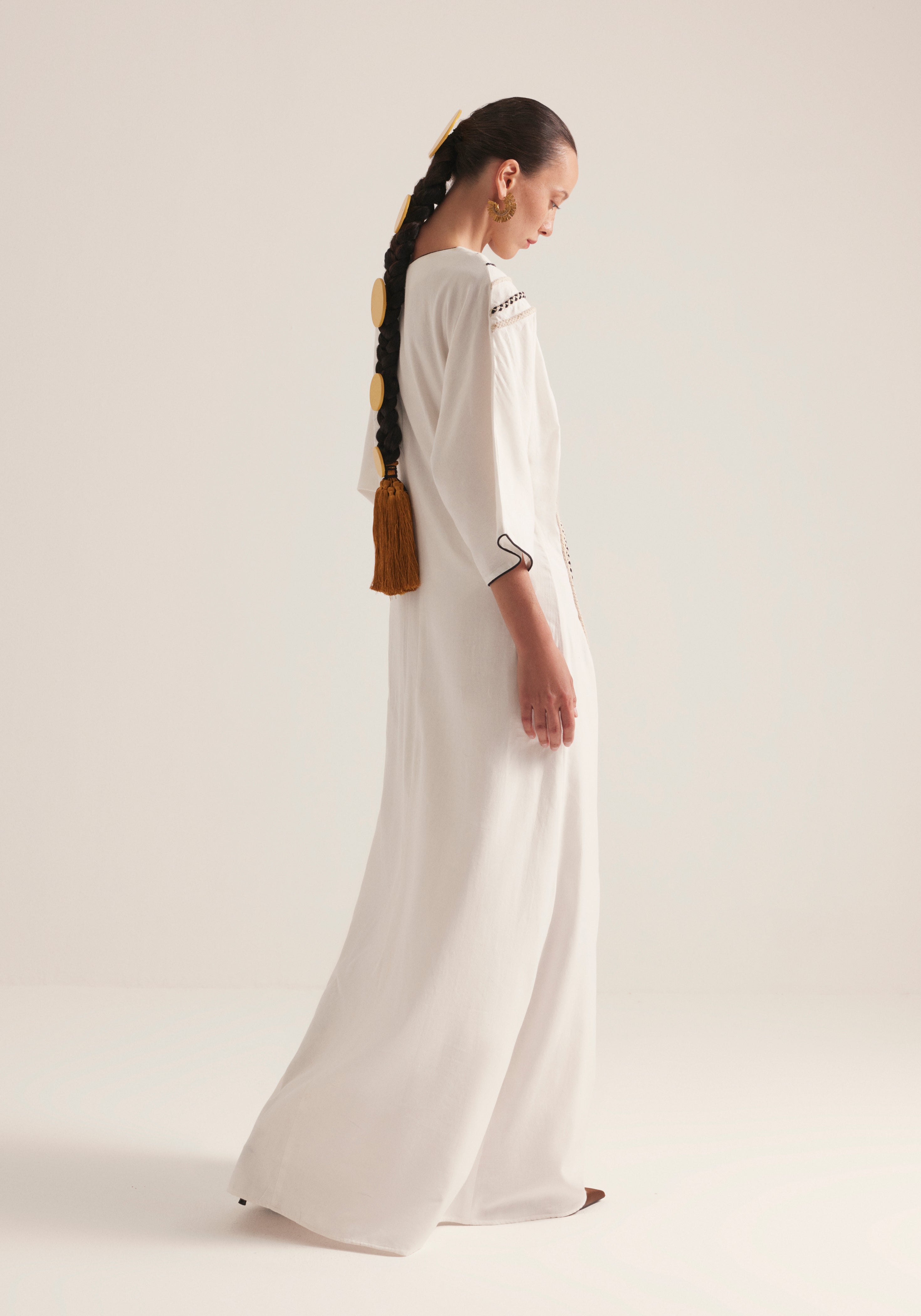 Off white Kaftan with traffic swirls of embroidery