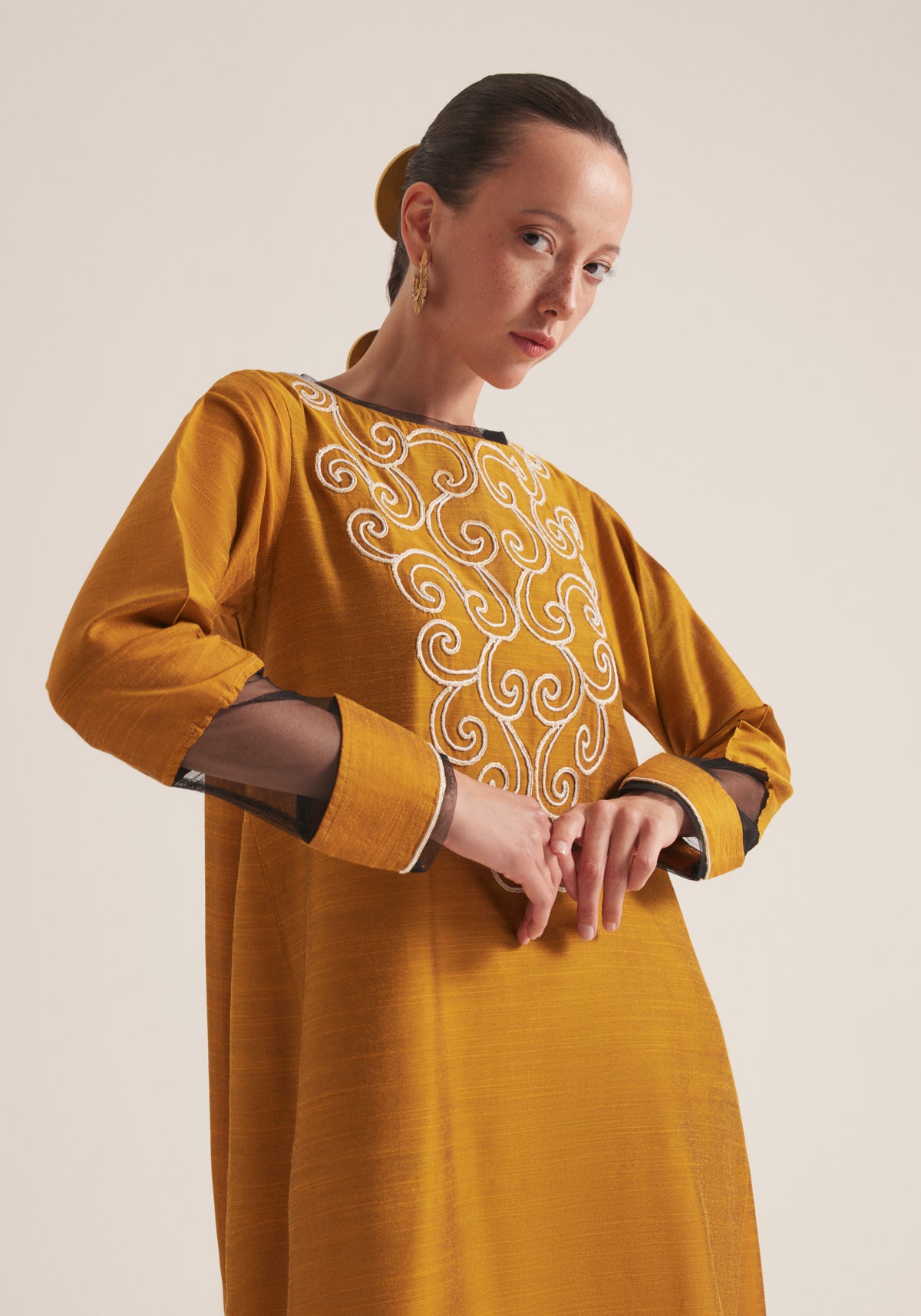 Mustard yellow Kaftan with embroidery
