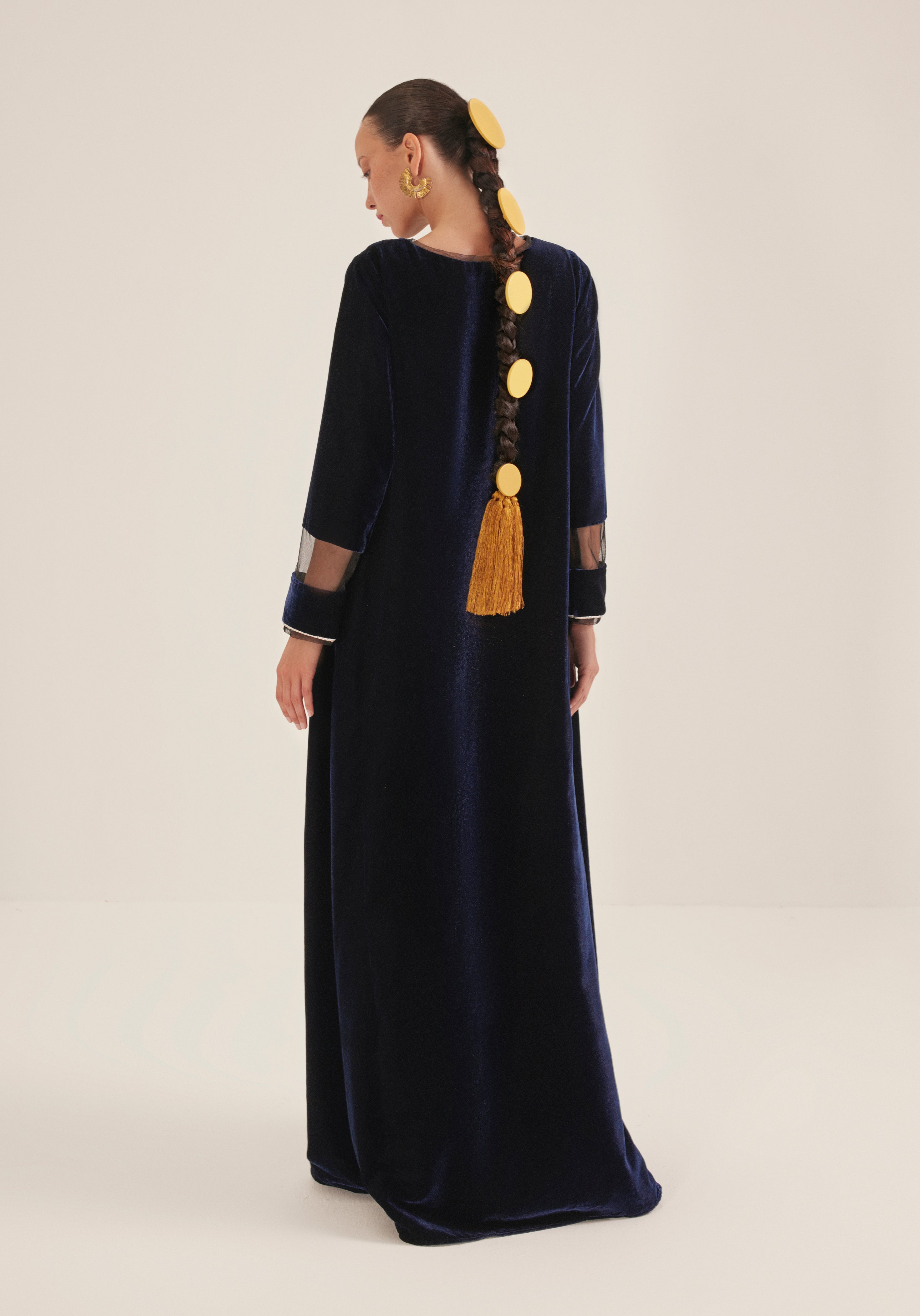 Navy blue velvet  Kaftan with embroidery