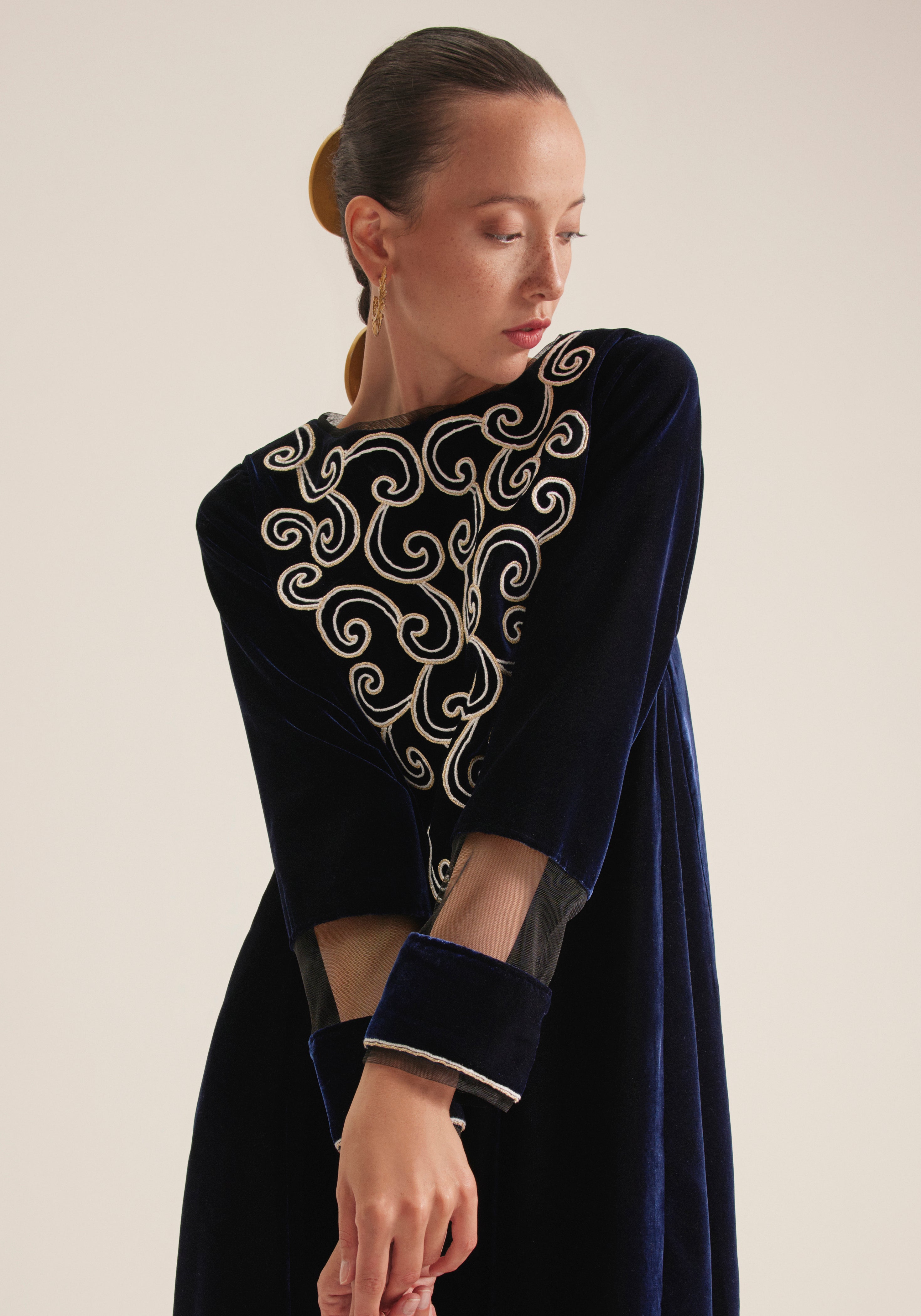 Navy blue velvet  Kaftan with embroidery