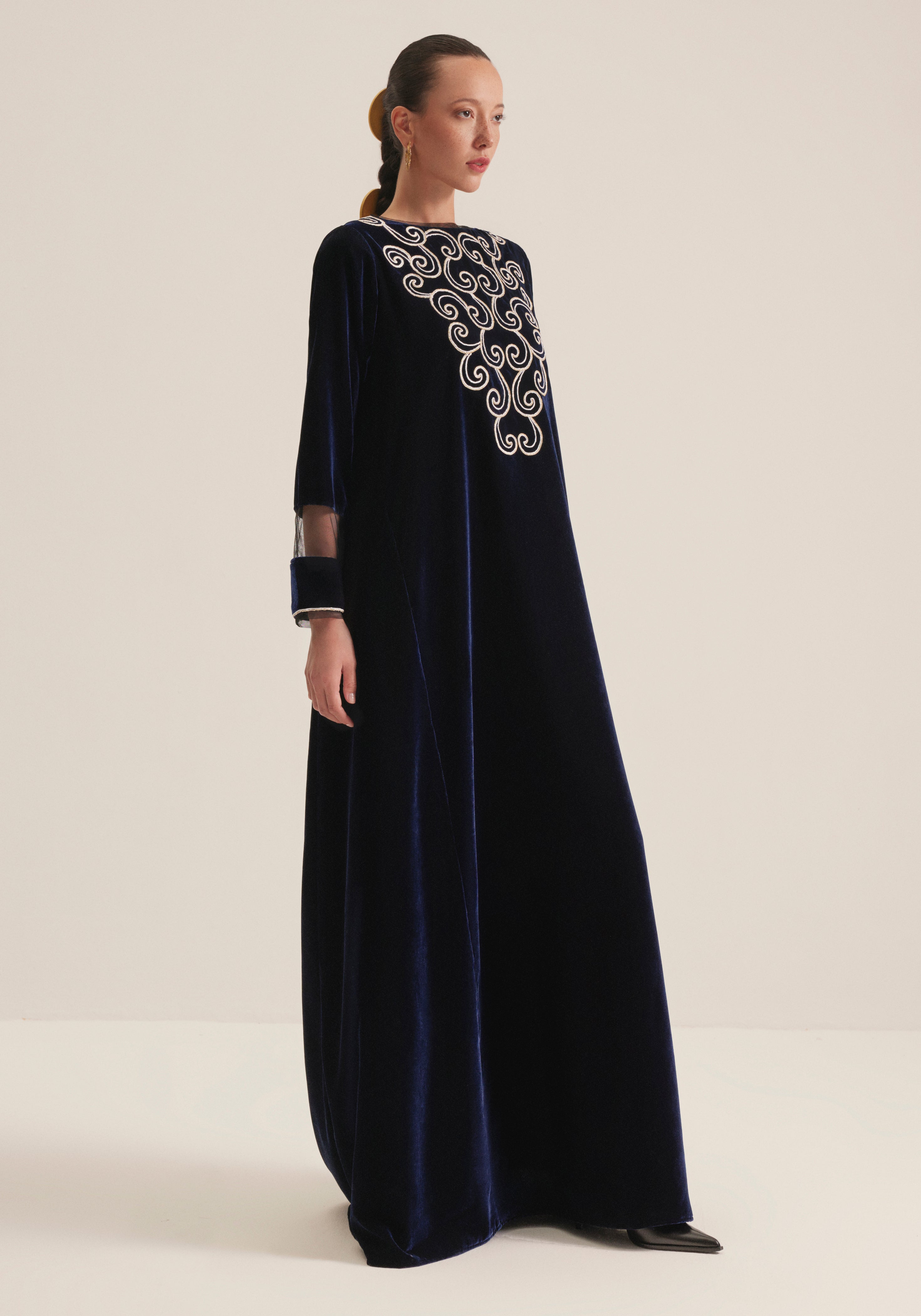 Navy blue velvet  Kaftan with embroidery