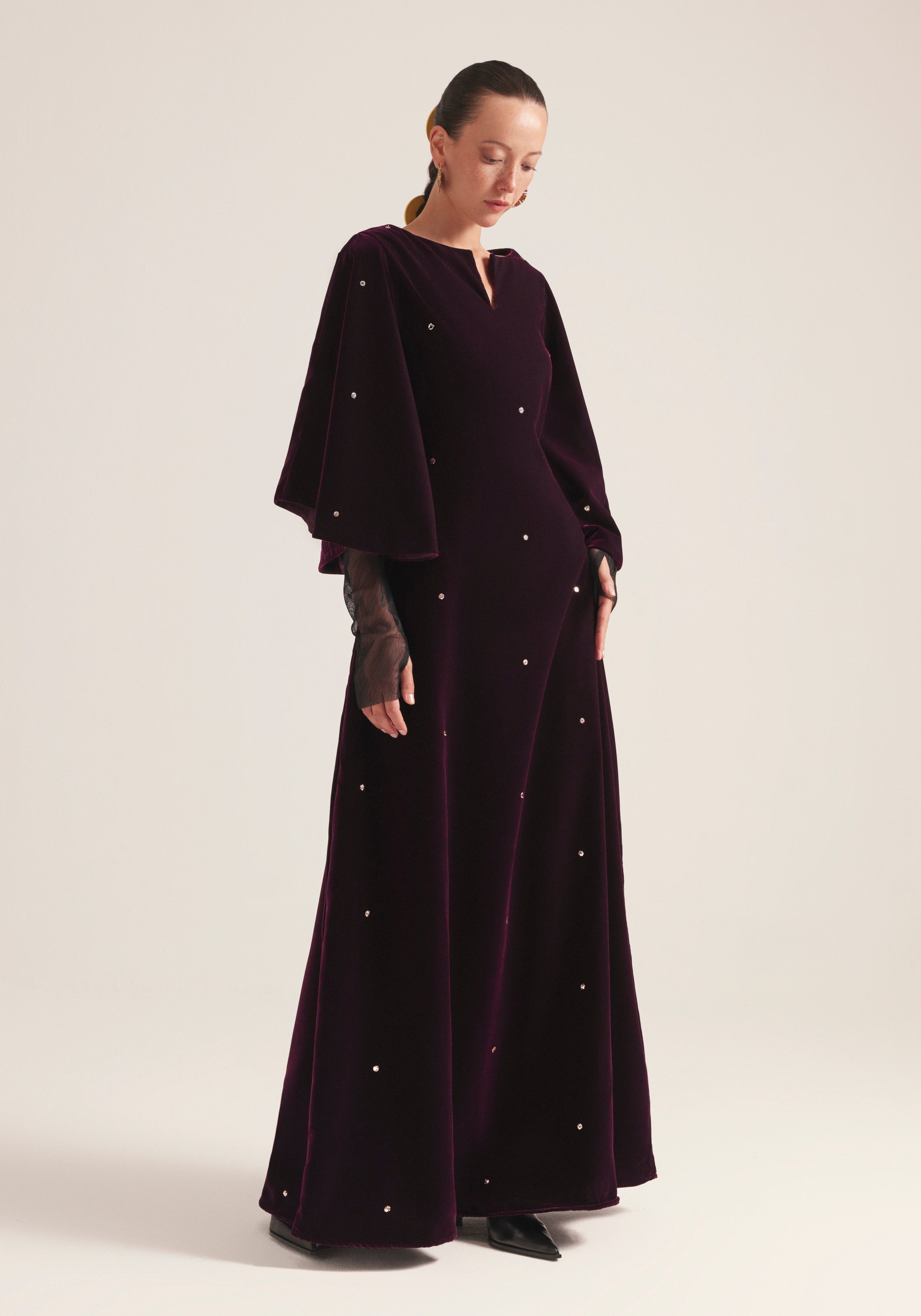 Maroon Kaftan velvet with tulle sleeves