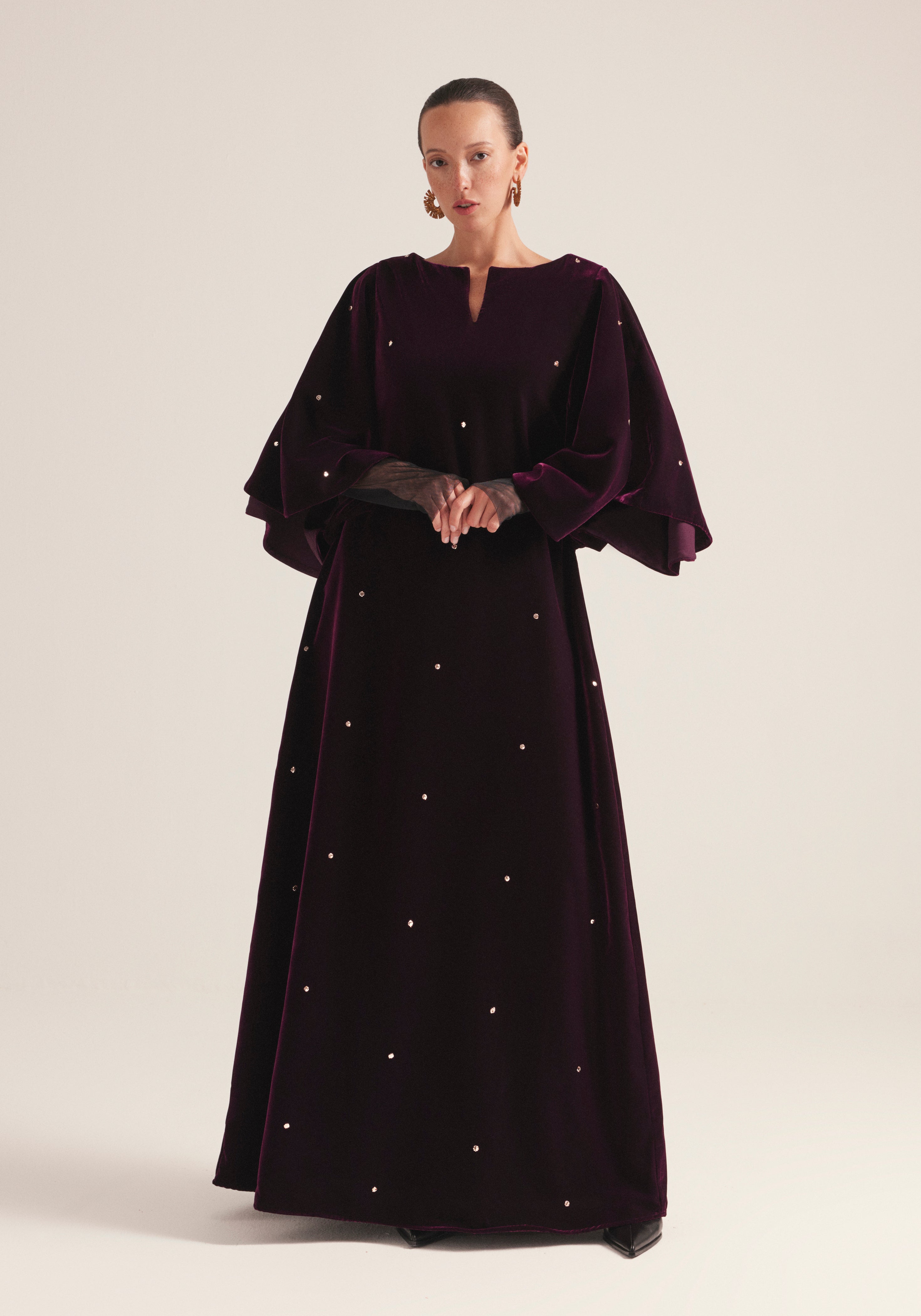 Maroon Kaftan velvet with tulle sleeves