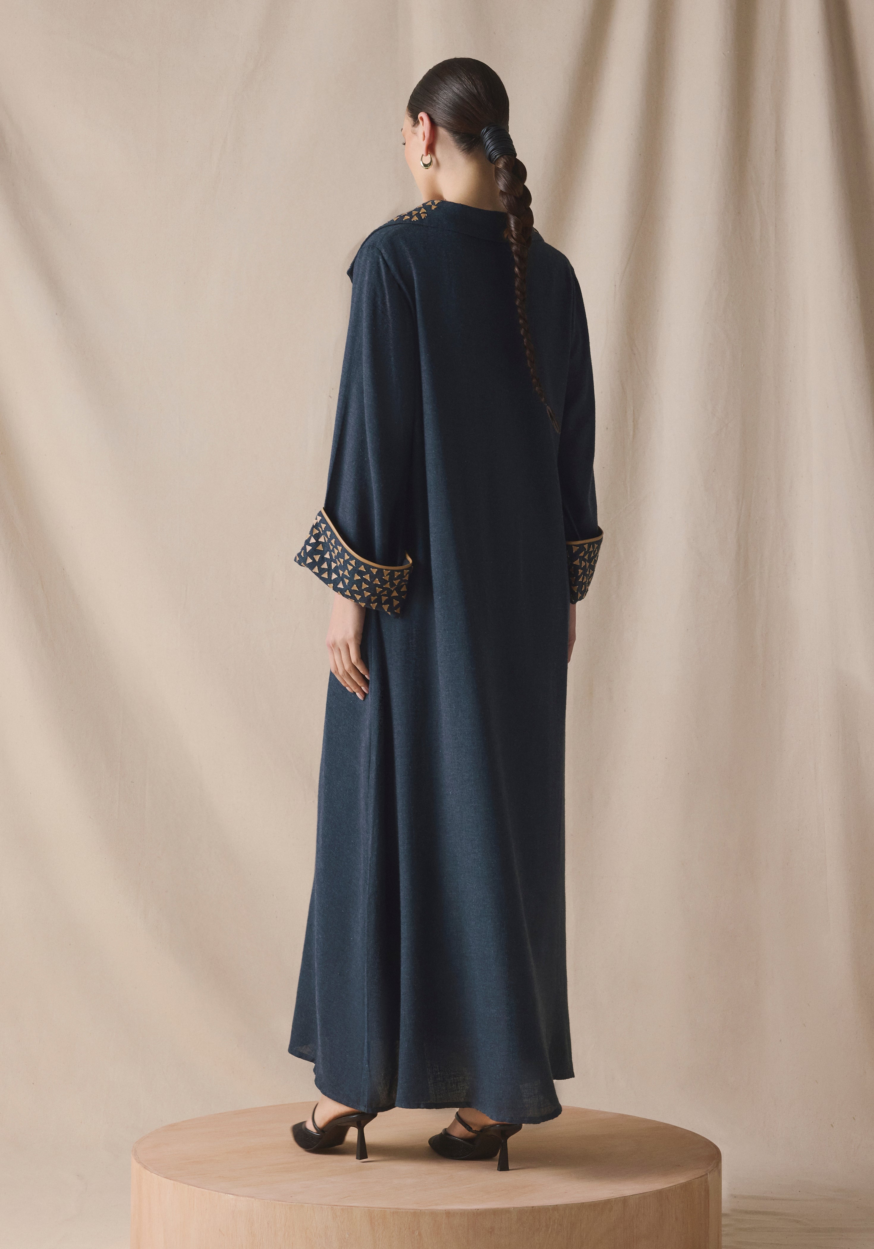 High Collar Kaftan in wool with leather details