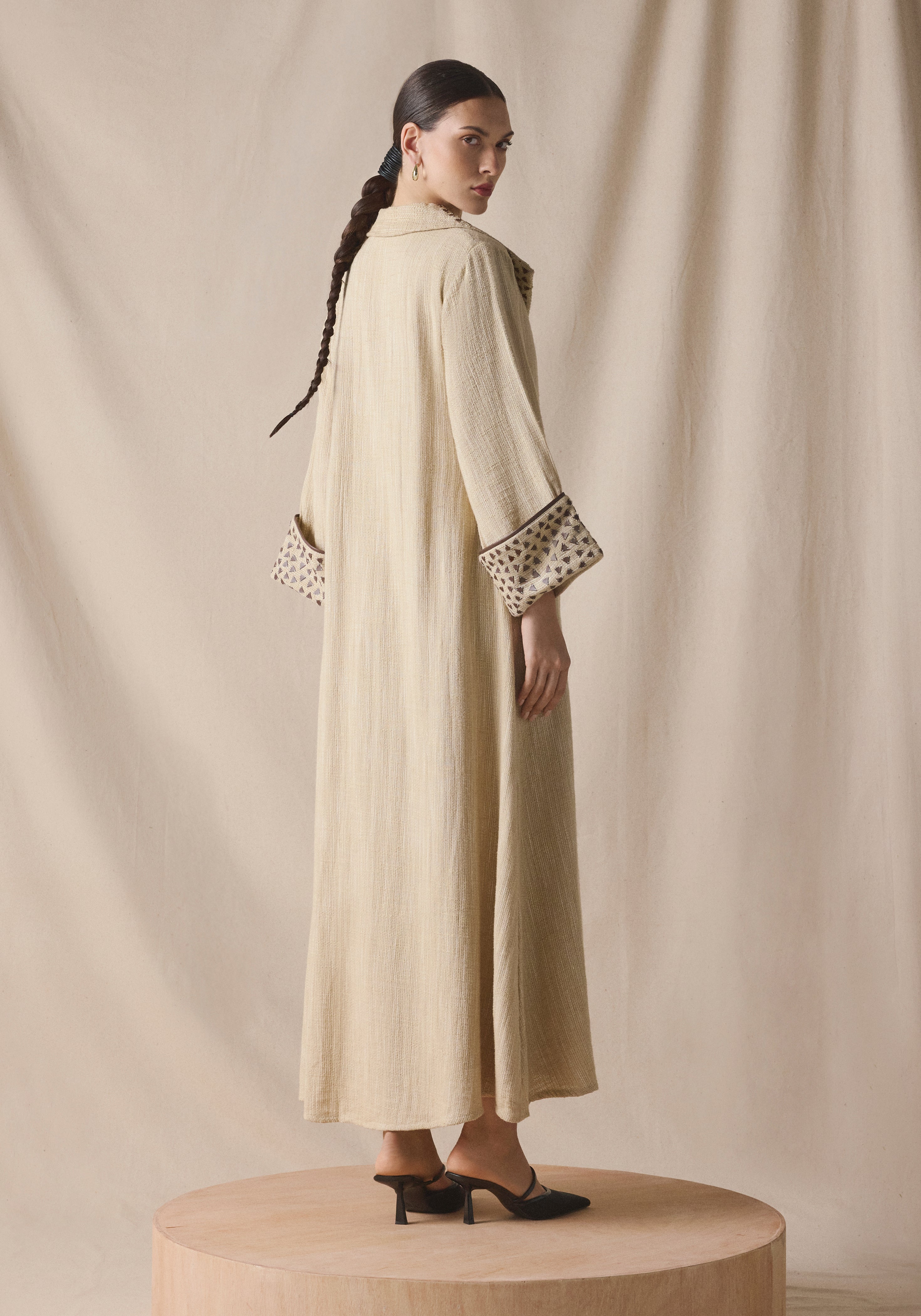High Collar Kaftan in brown leather details