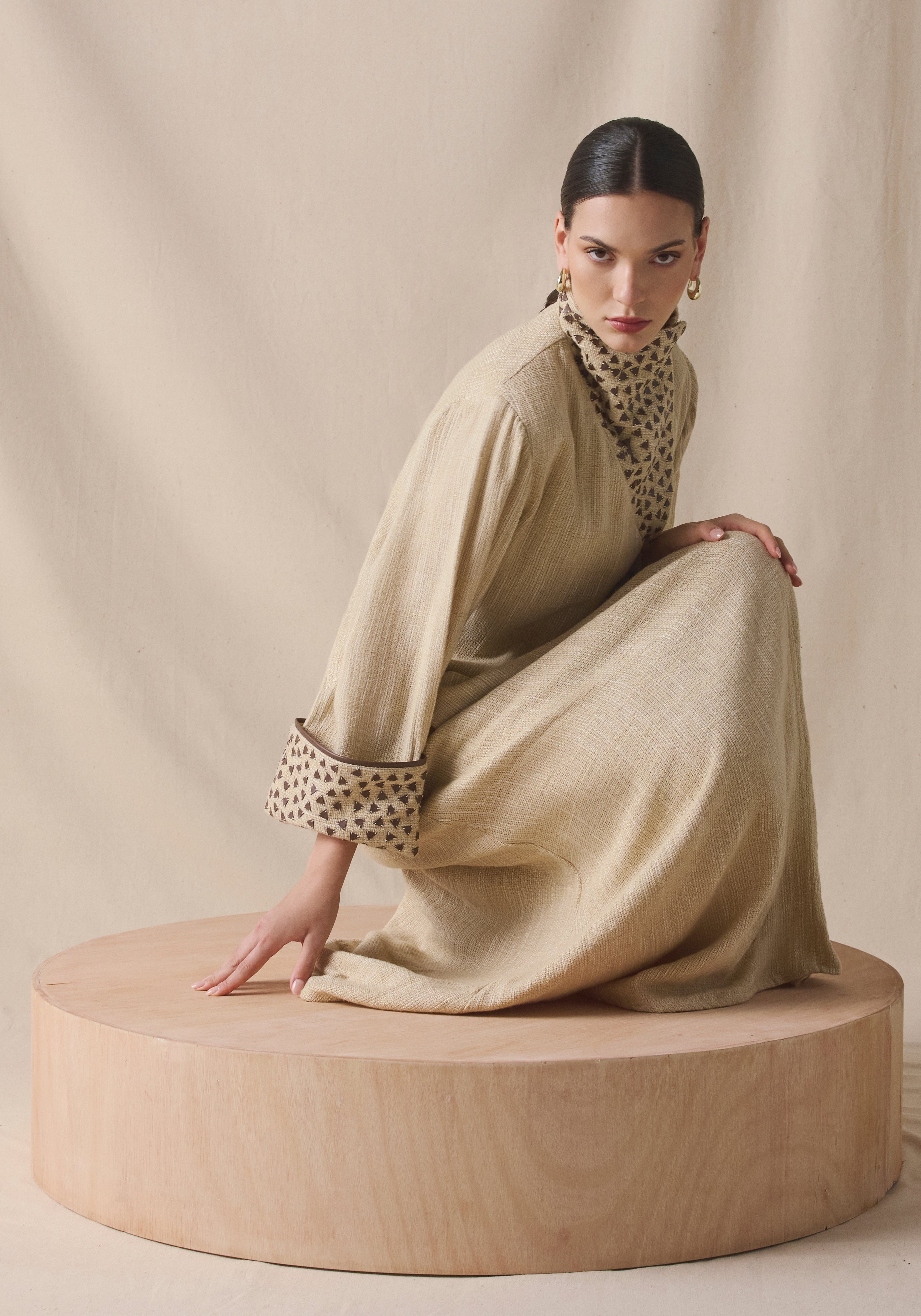 High Collar Kaftan in brown leather details