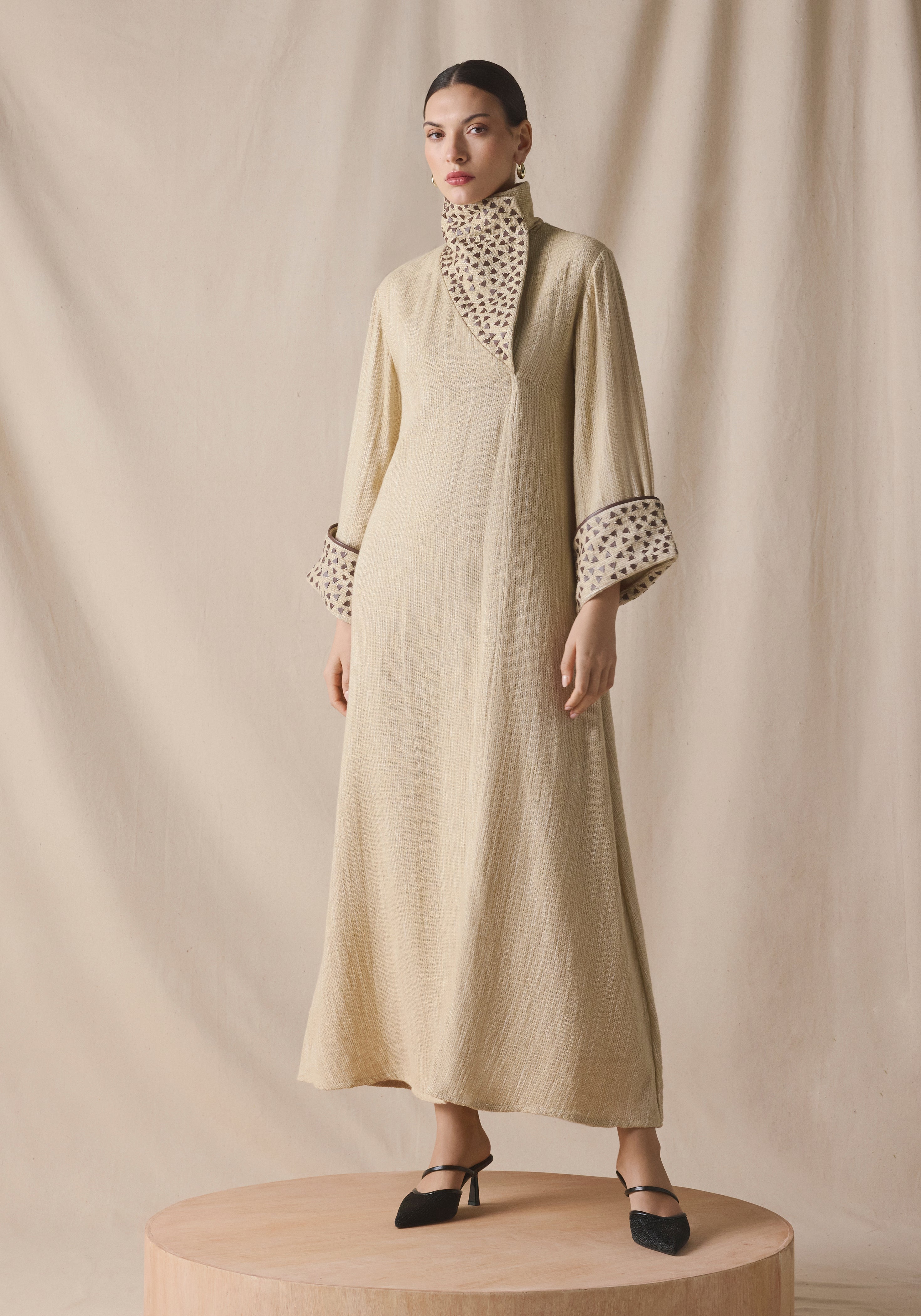 High Collar Kaftan in brown leather details