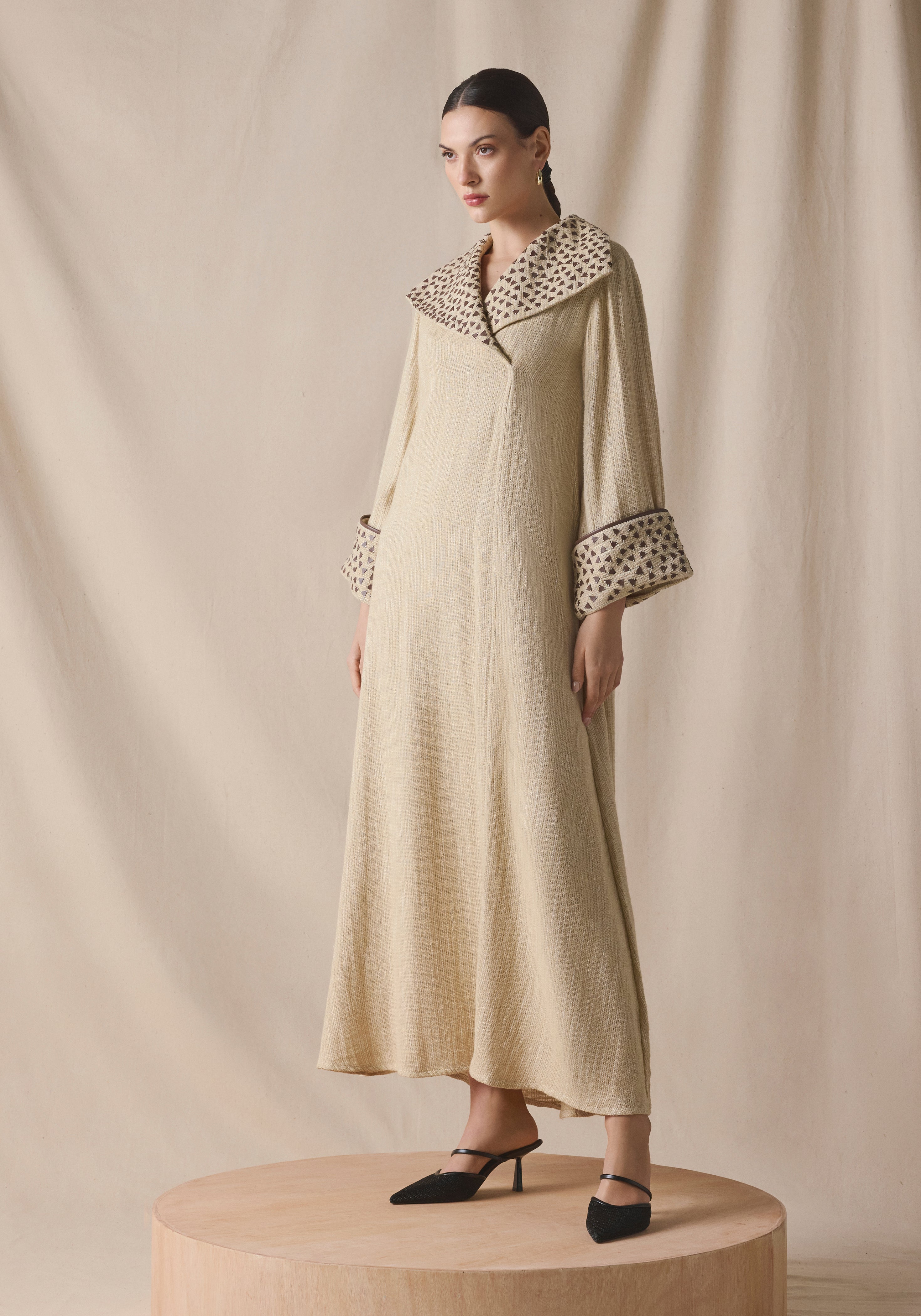High Collar Kaftan in brown leather details