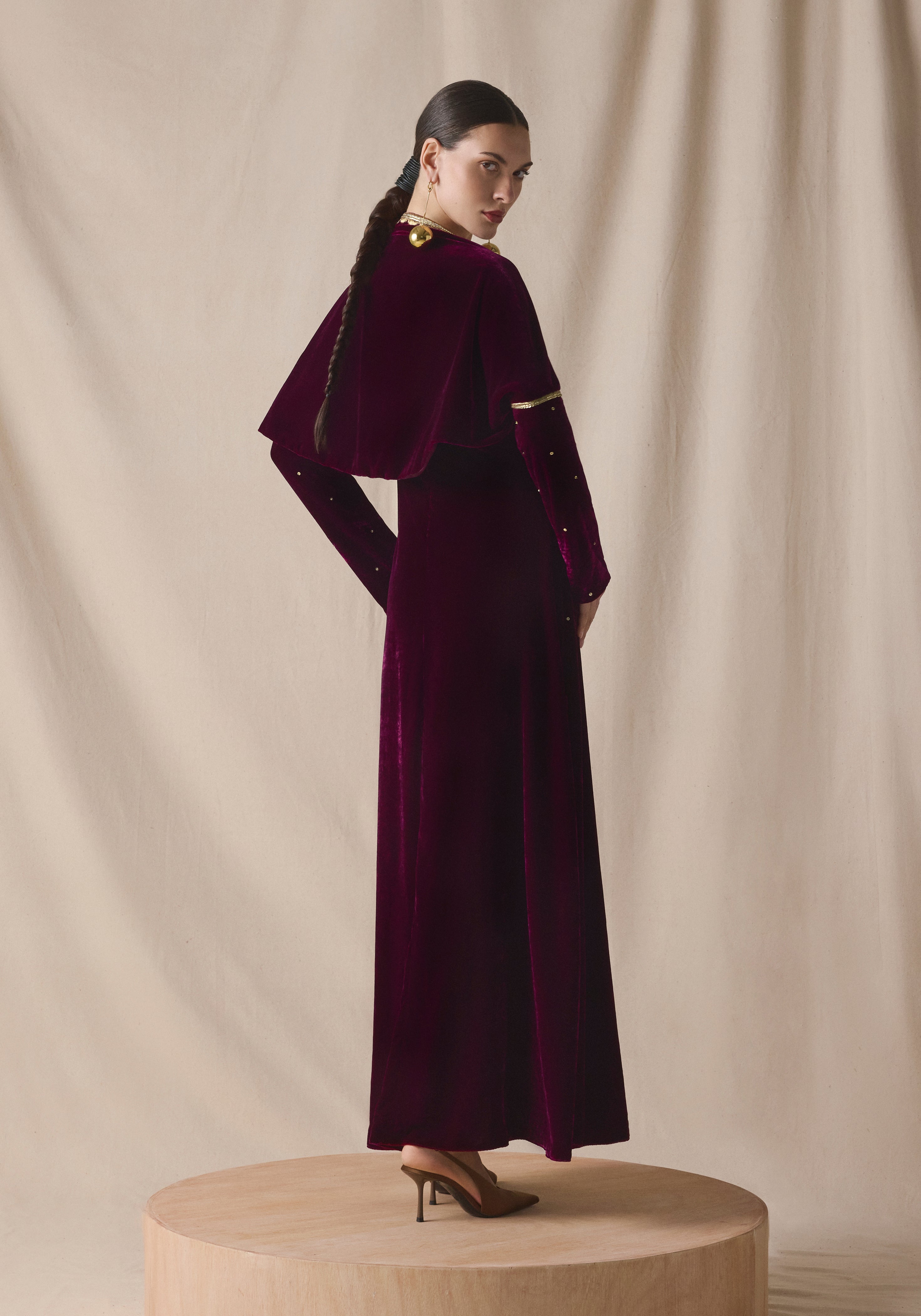 maroon Velvet kaftan with Cape